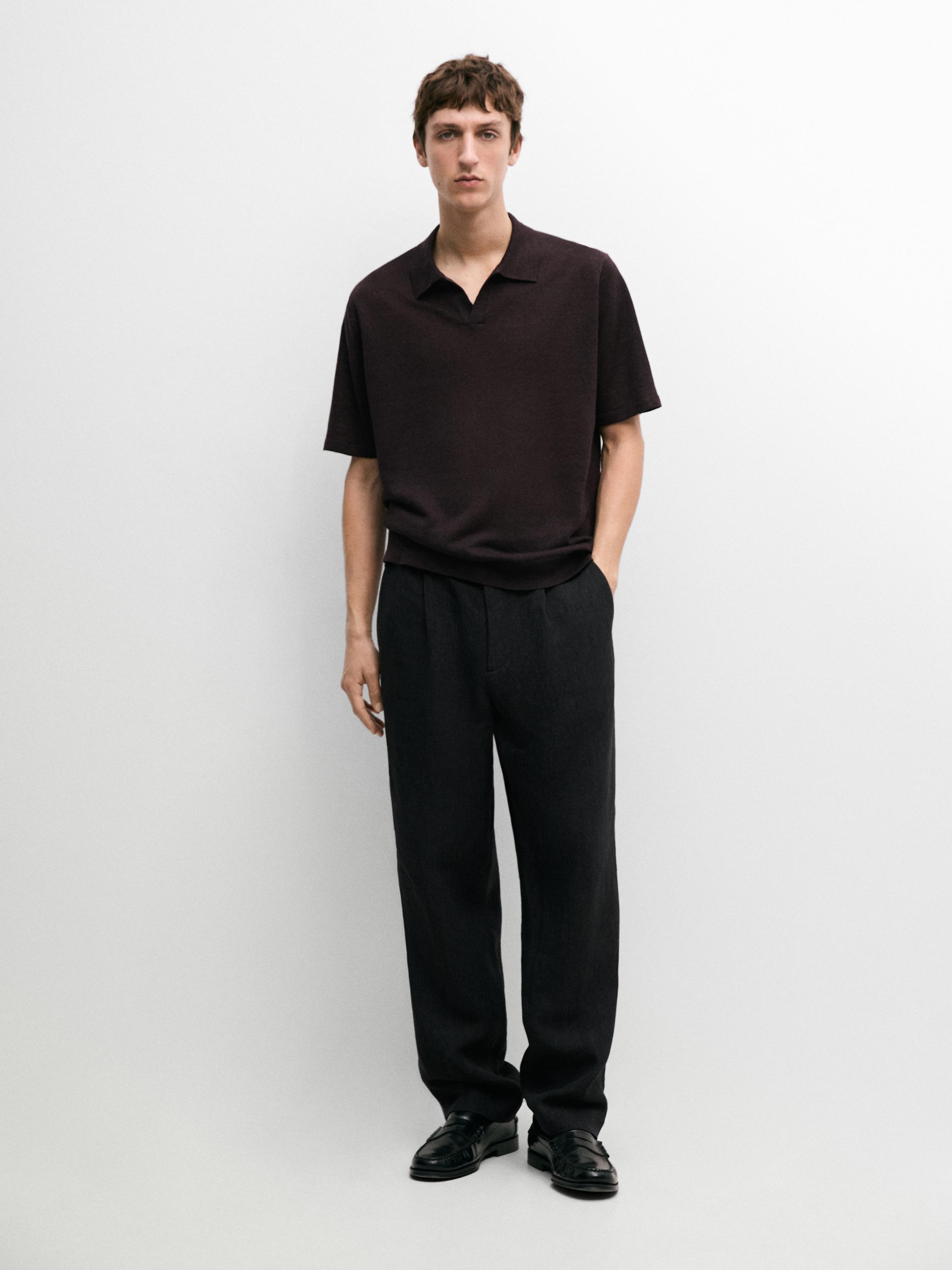 Linen V-neck polo sweater — BURGUNDY