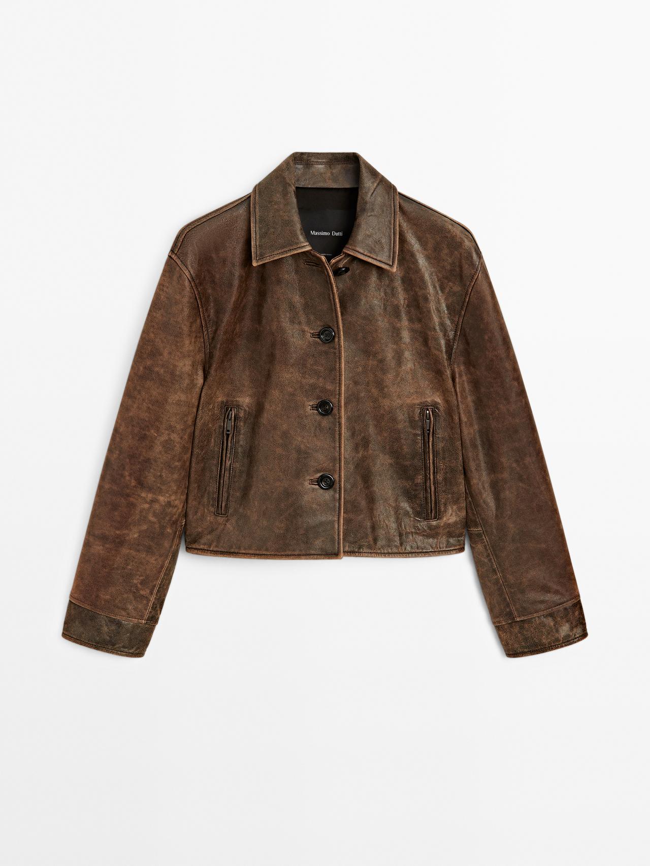 Massimo Dutti - Dames - Nappaleren Cropped Jack Met Versleten Effect - Bruin - S