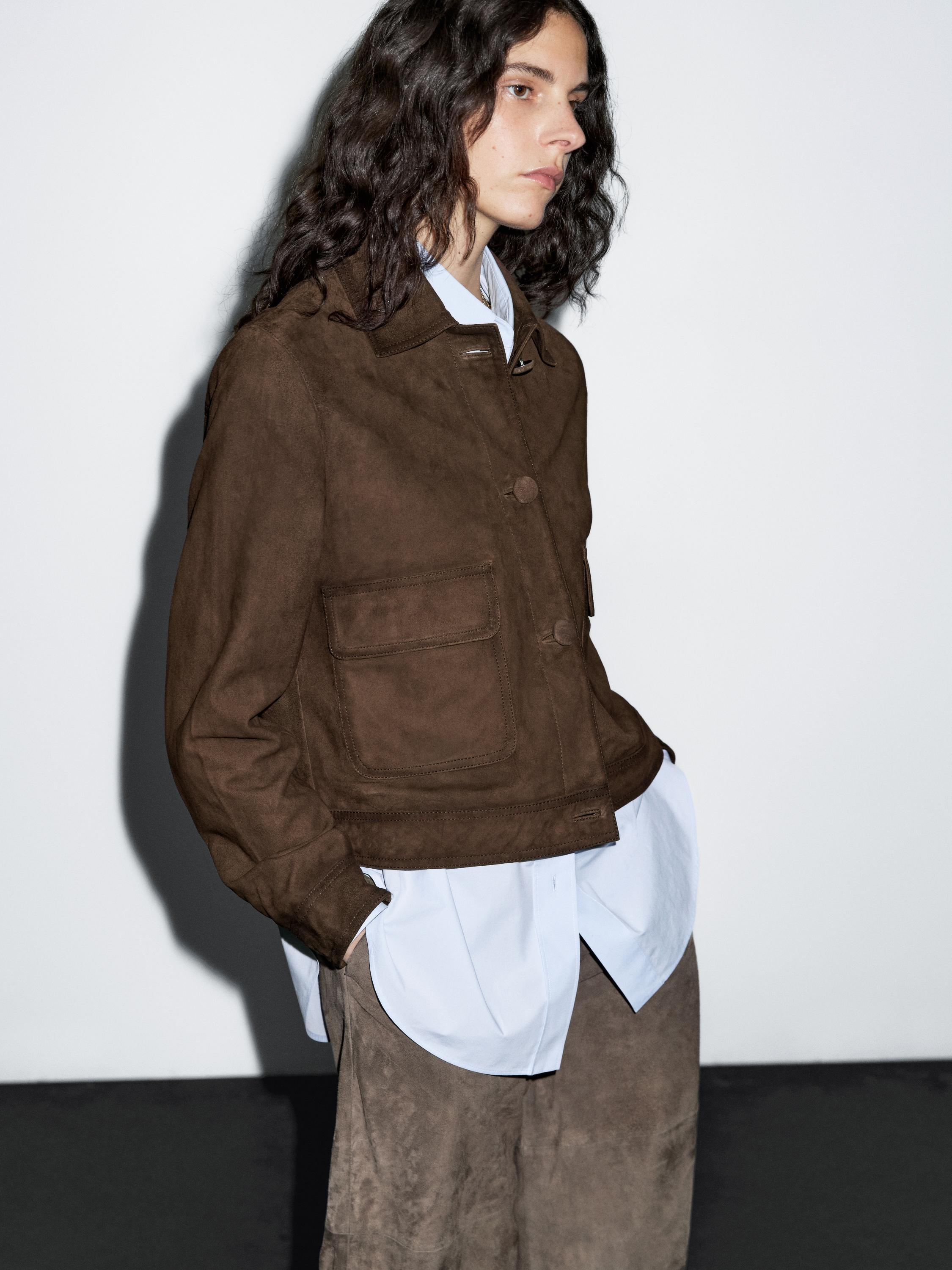 Cropped suede leather-lined jacket with buttons