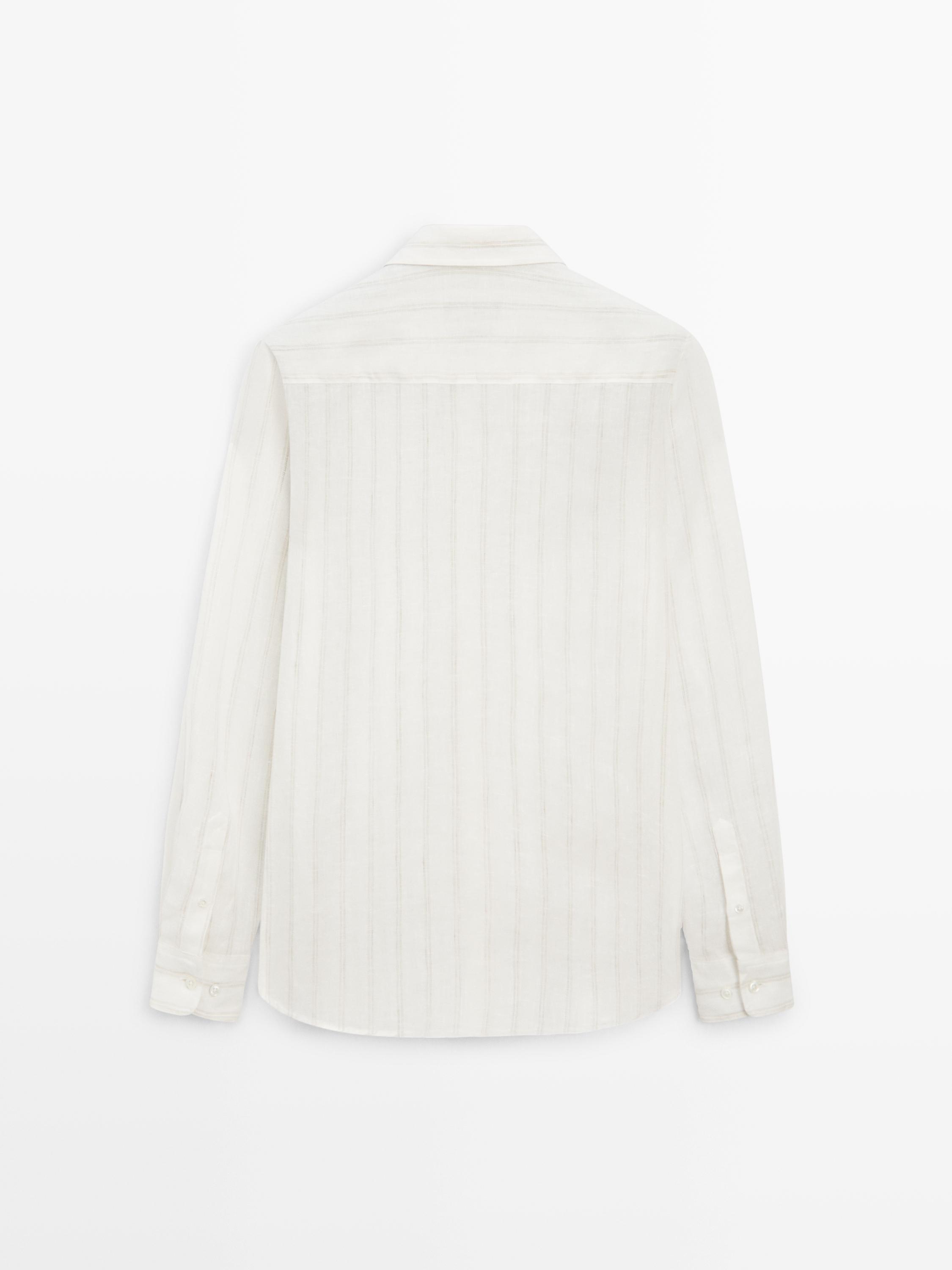 100% linen regular fit striped shirt — BEIGE