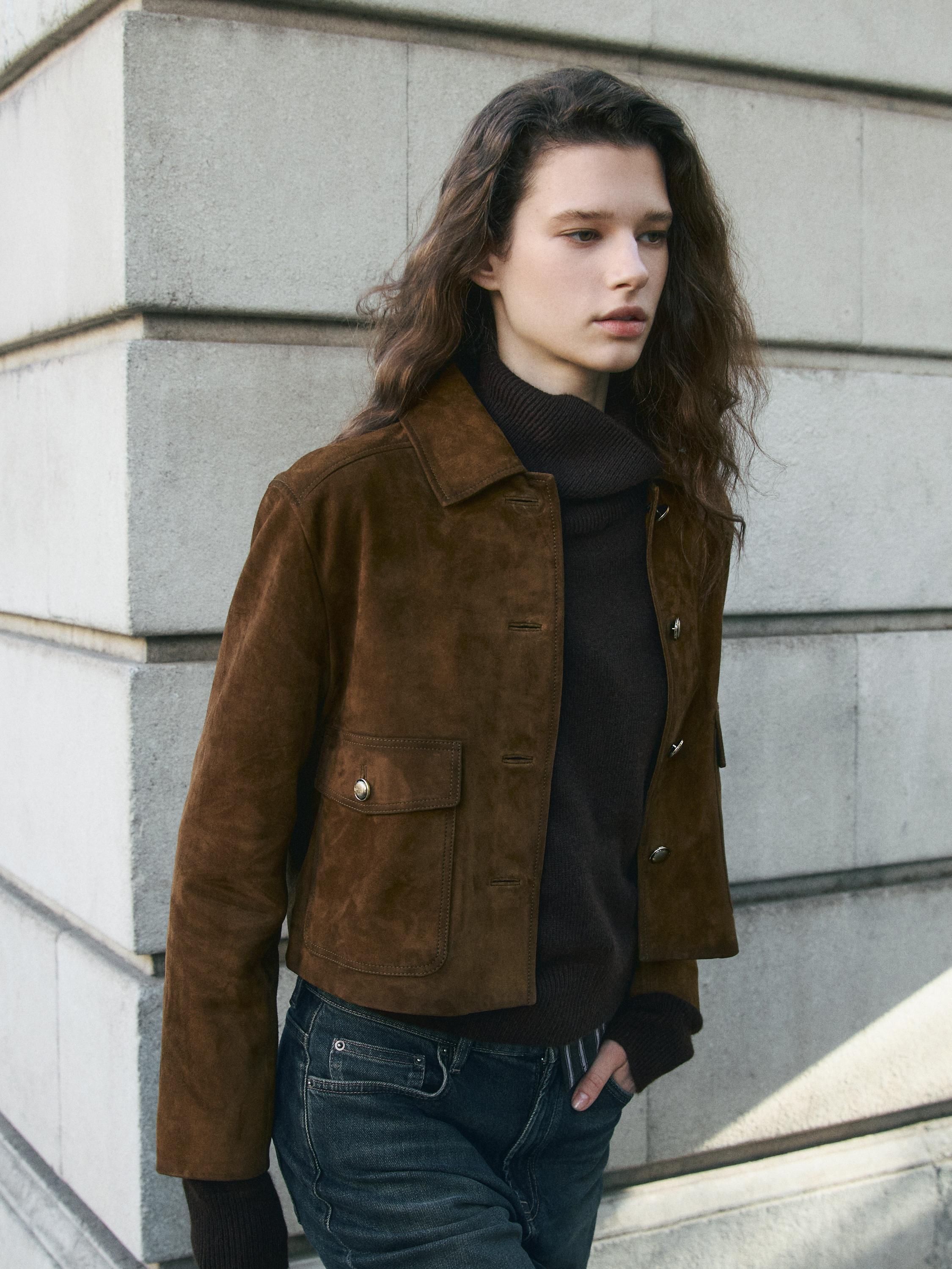 Suede leather jacket with gold-toned buttons