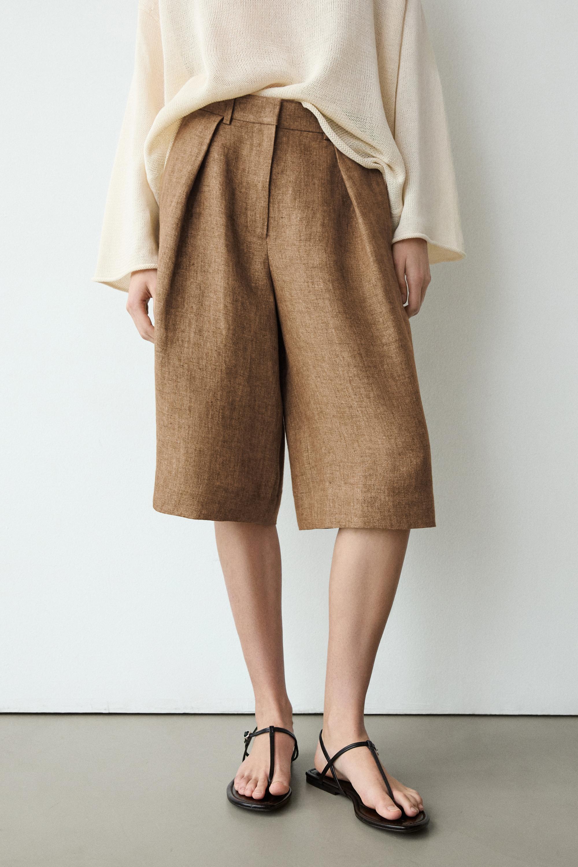 Melange linen suit Bermuda shorts — CAMEL