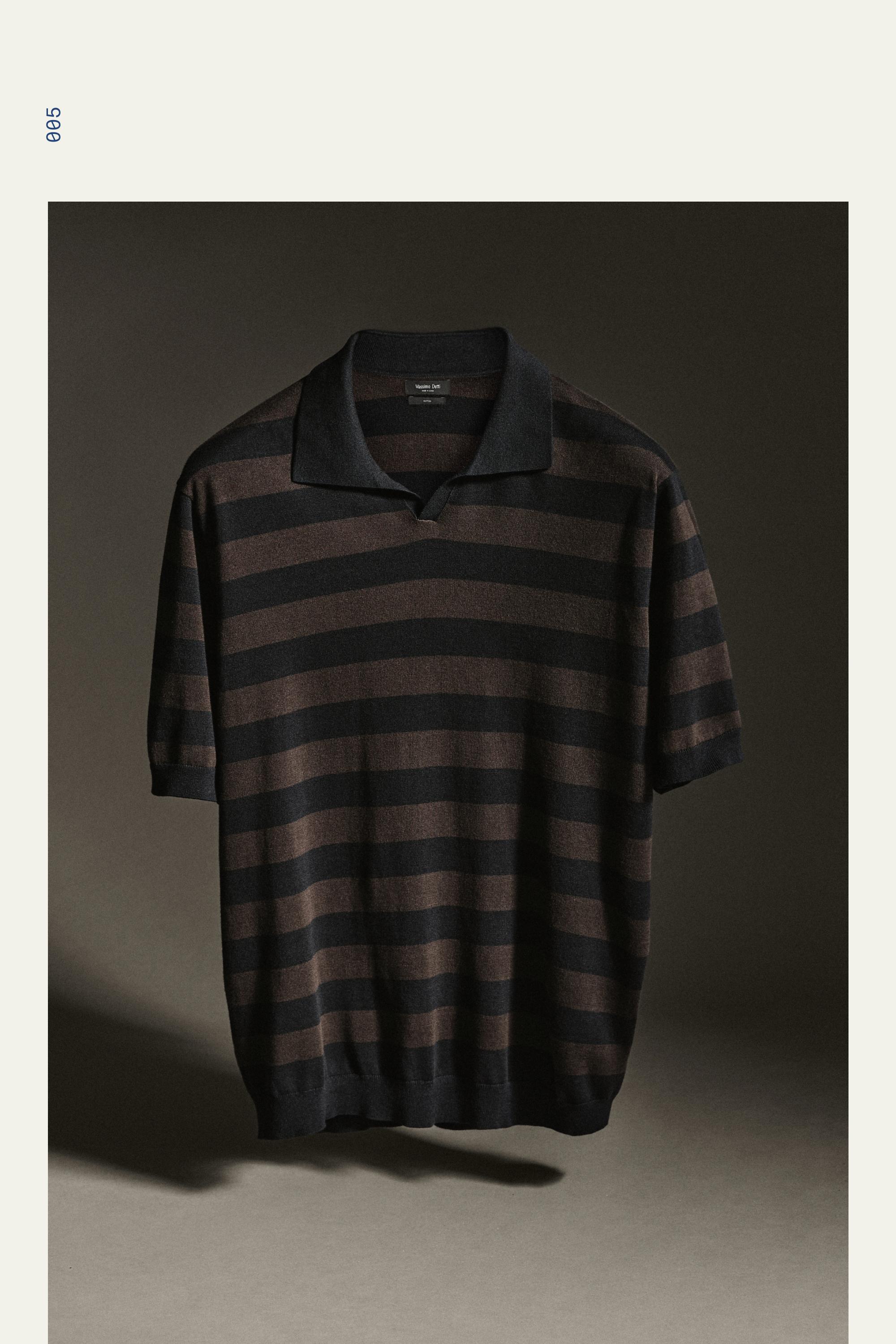 100% cotton striped knit polo shirt — BROWN MARL