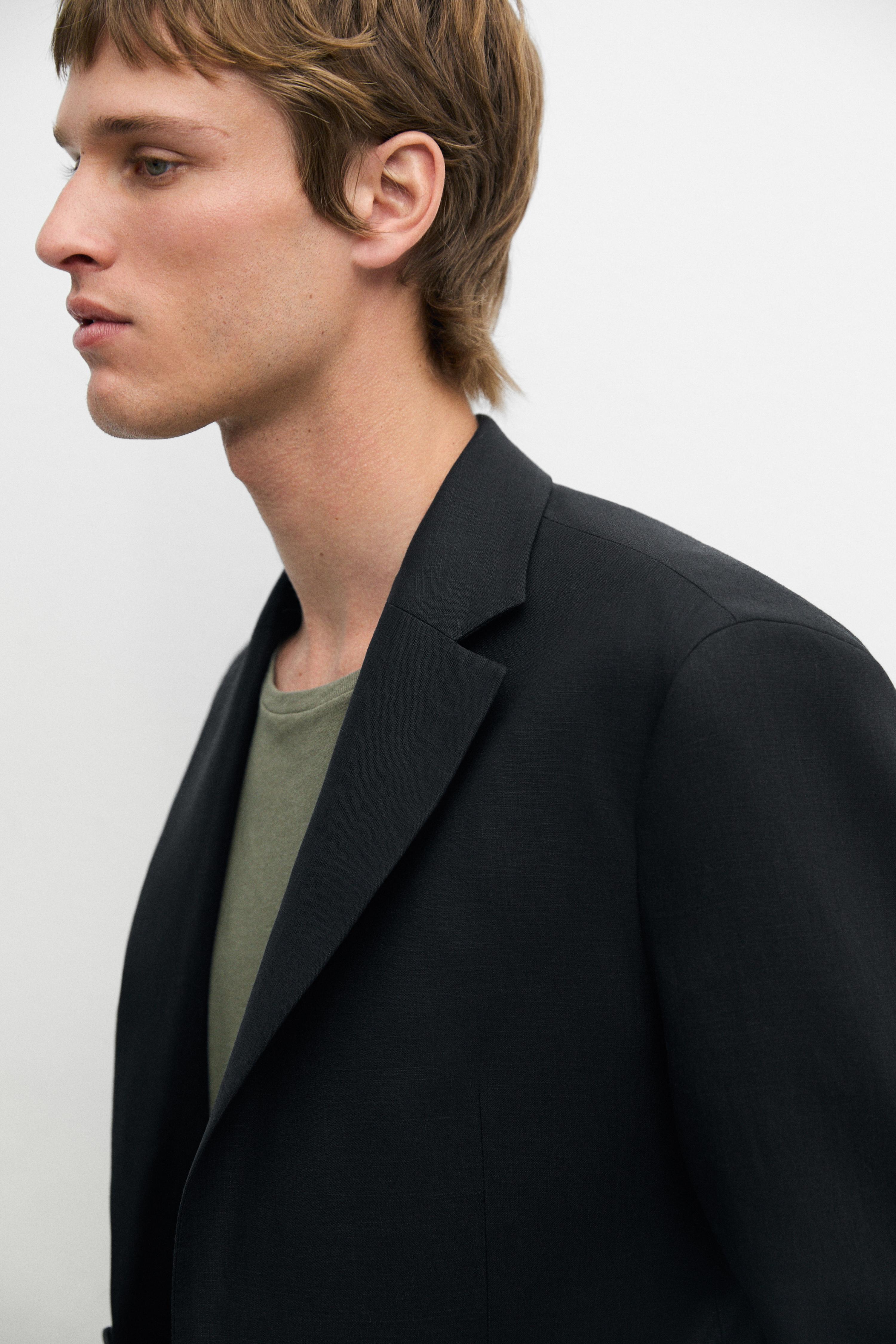 Tailored fit 100% linen suit blazer — BLACK