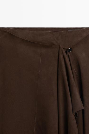 Suede midi skirt with ruffle detail — BROWN 4