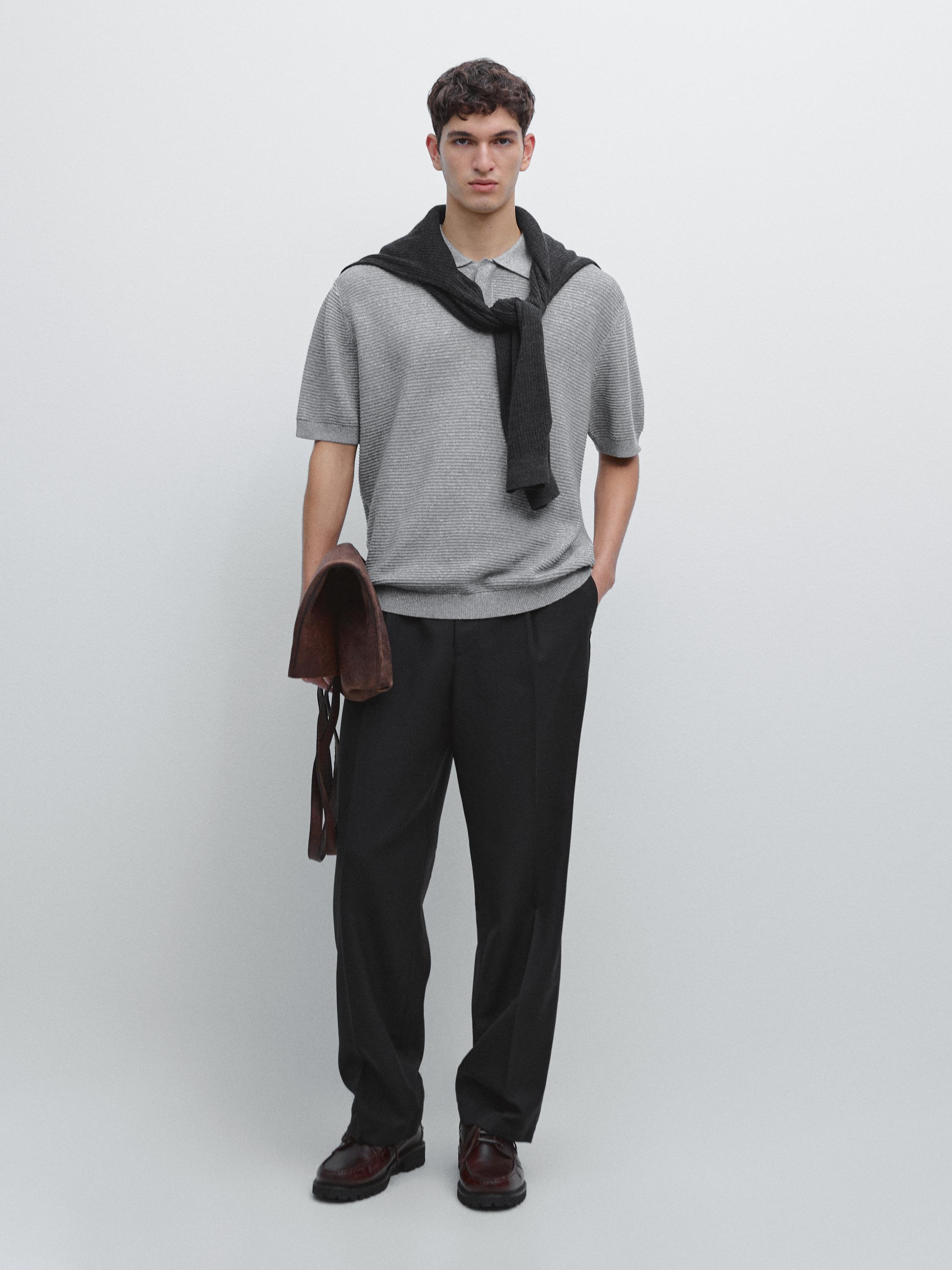 Linen and cotton blend knit polo shirt with short sleeves