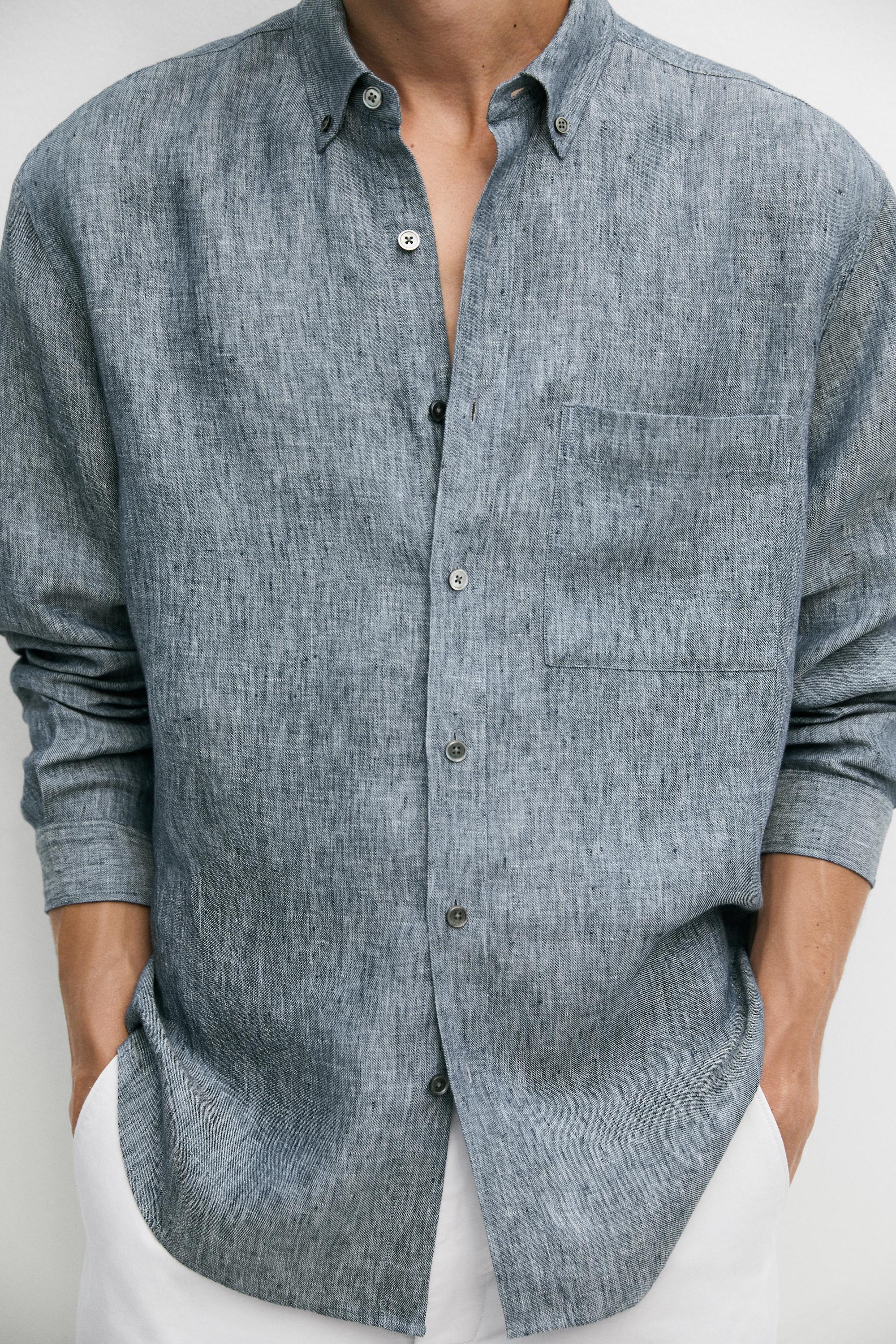 Regular fit melange twill 100% linen shirt — NAVY BLUE