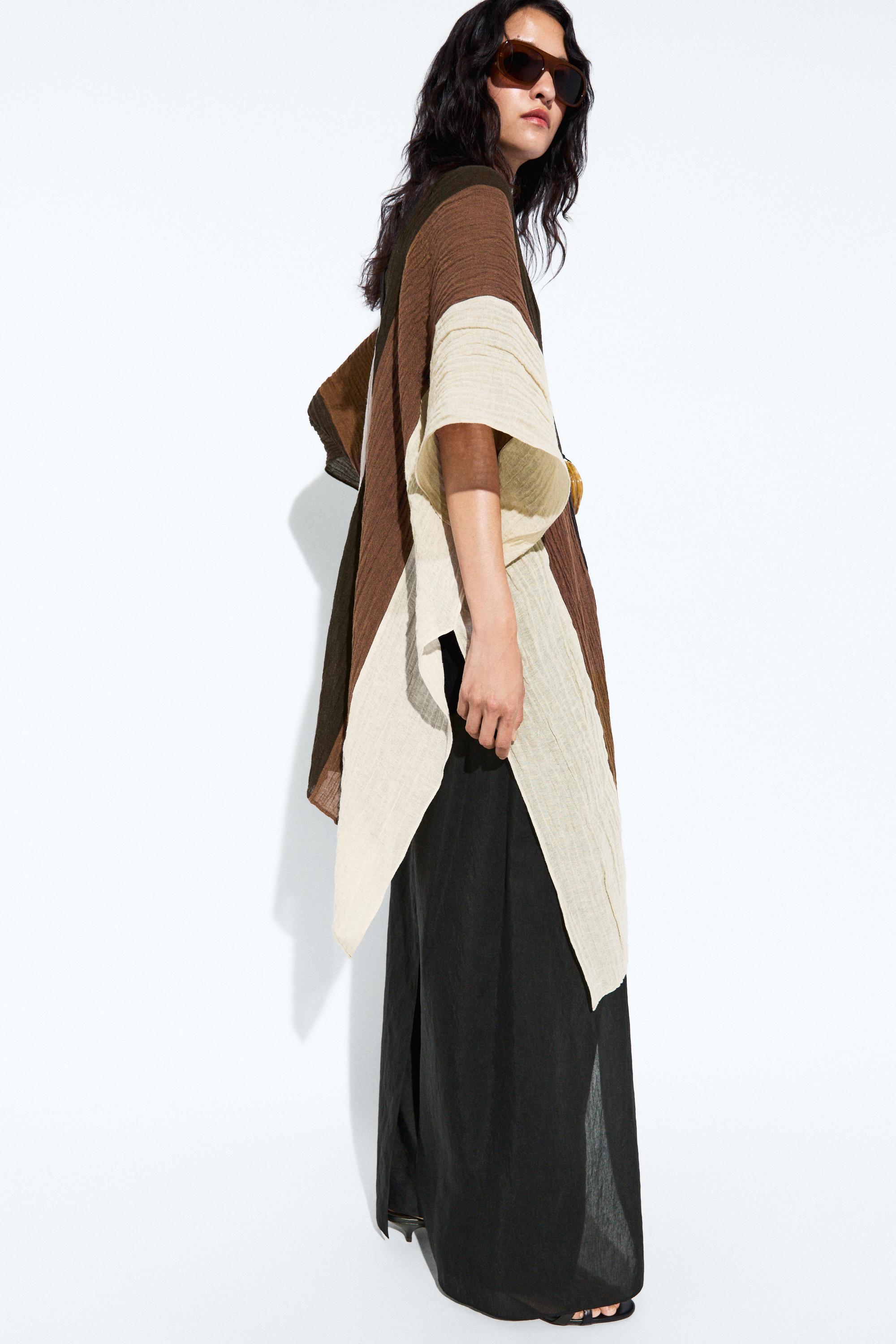 Textured tricolor linen blend kaftan — BROWN