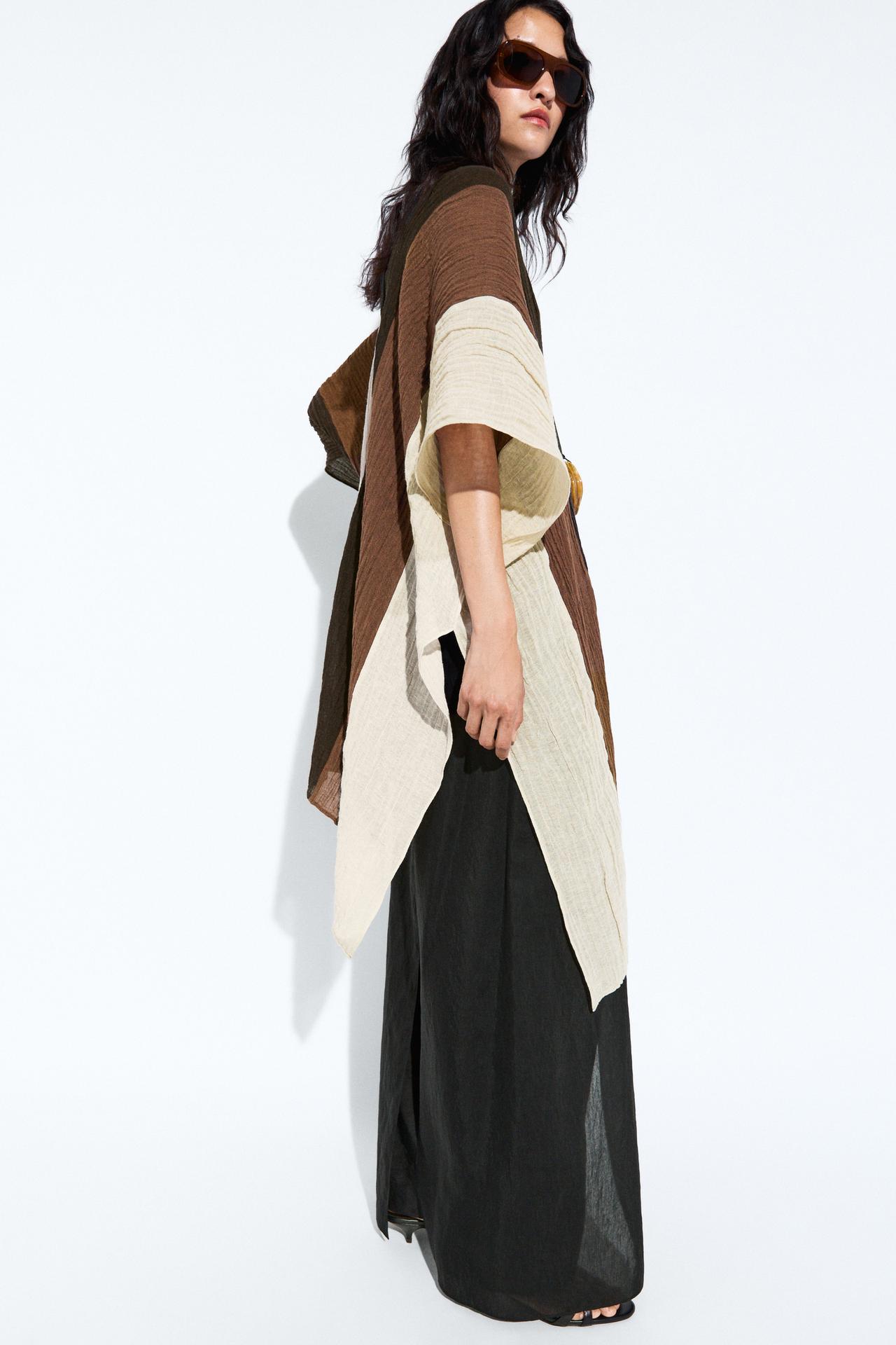 Textured tricolor linen blend kaftan — BROWN