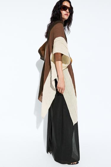 Textured tricolor linen blend kaftan — BROWN 5