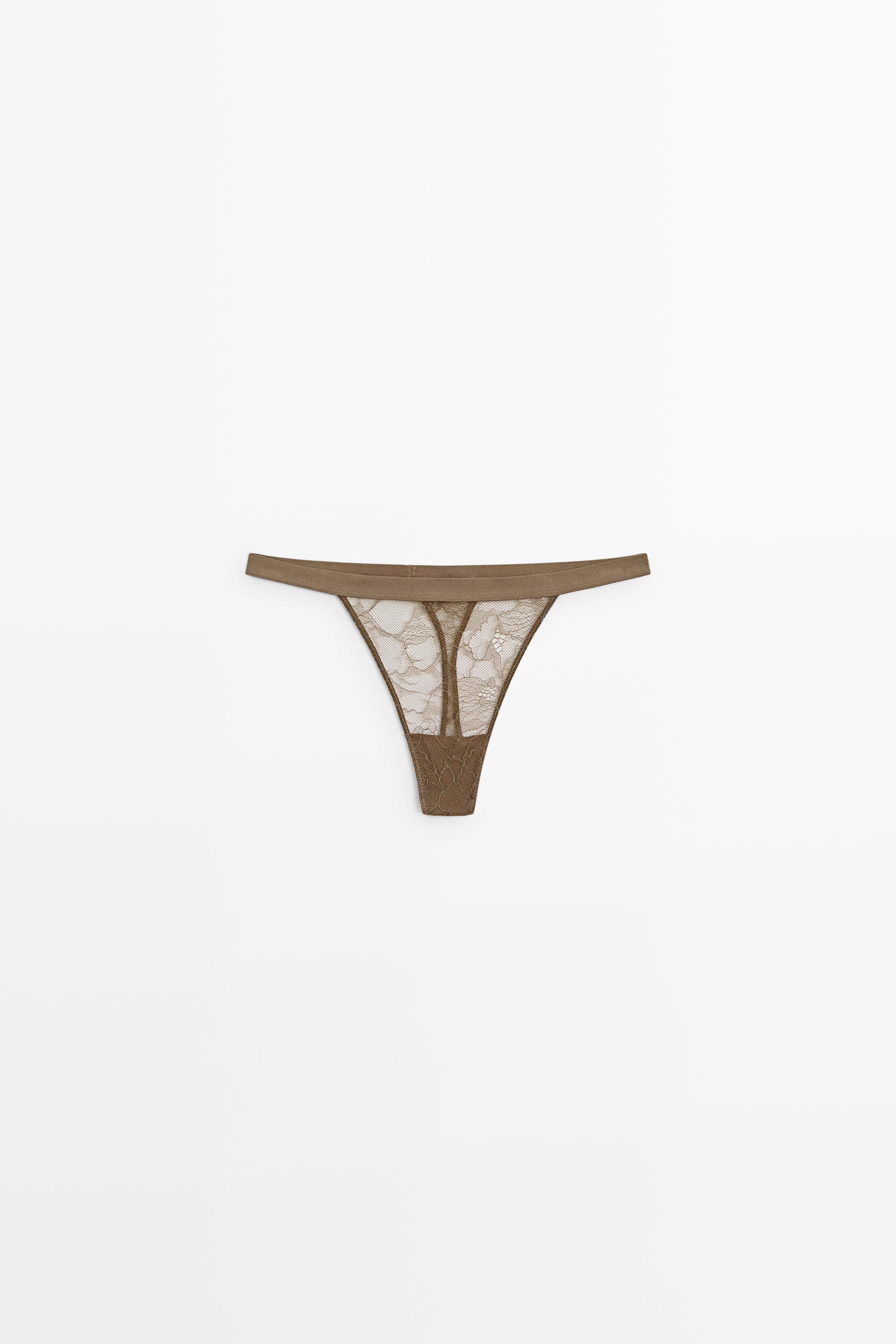 Elasticated floral lace thong — MINK