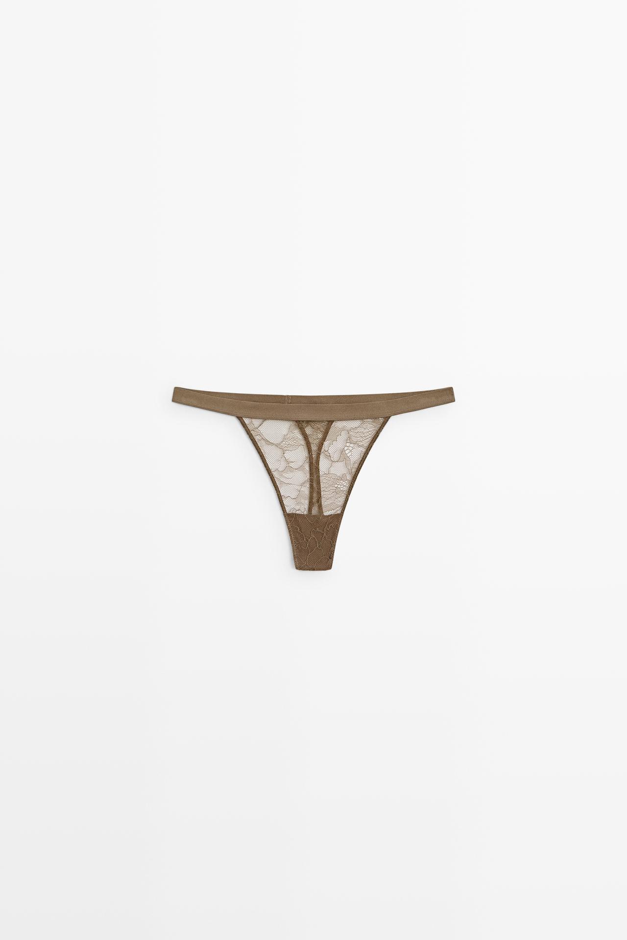 Elasticated floral lace thong — MINK