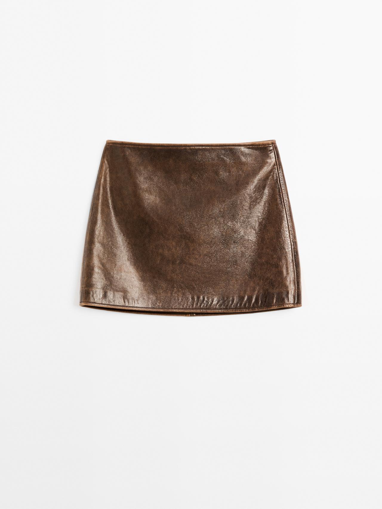 Massimo Dutti - Dame - Lårkort Nederdel I Nappalæder - Brun - S