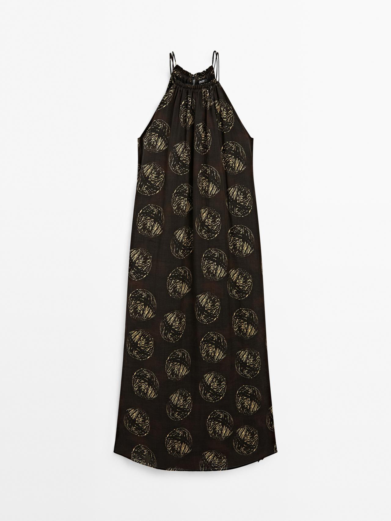 Massimo Dutti - Dame - Lang Kjole I Ramieblanding Med Print - Brun - S