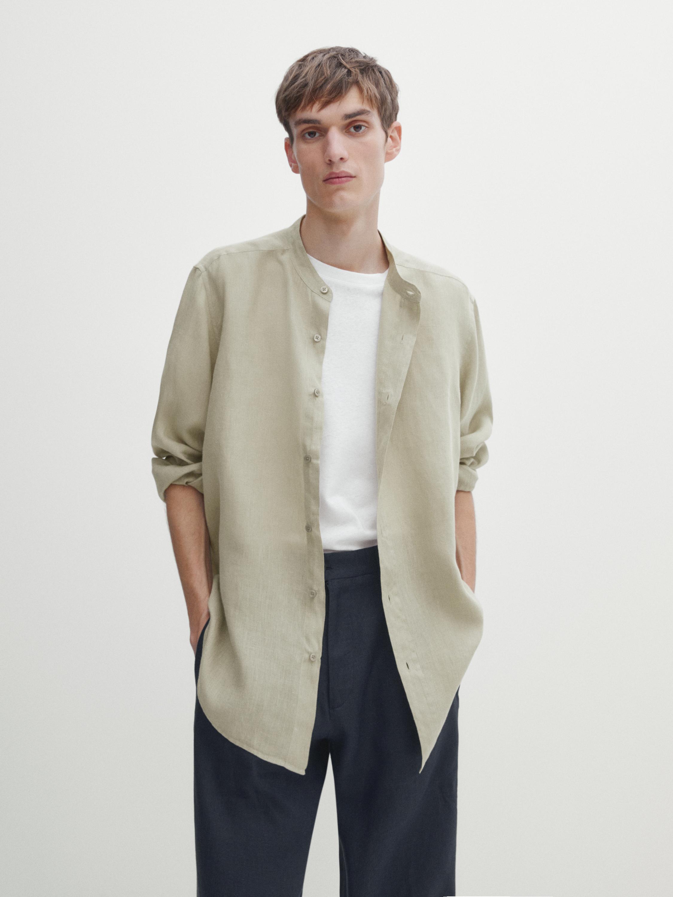 قميص كتان مخطط بقصة عادية وياقة بشريط تثبيت