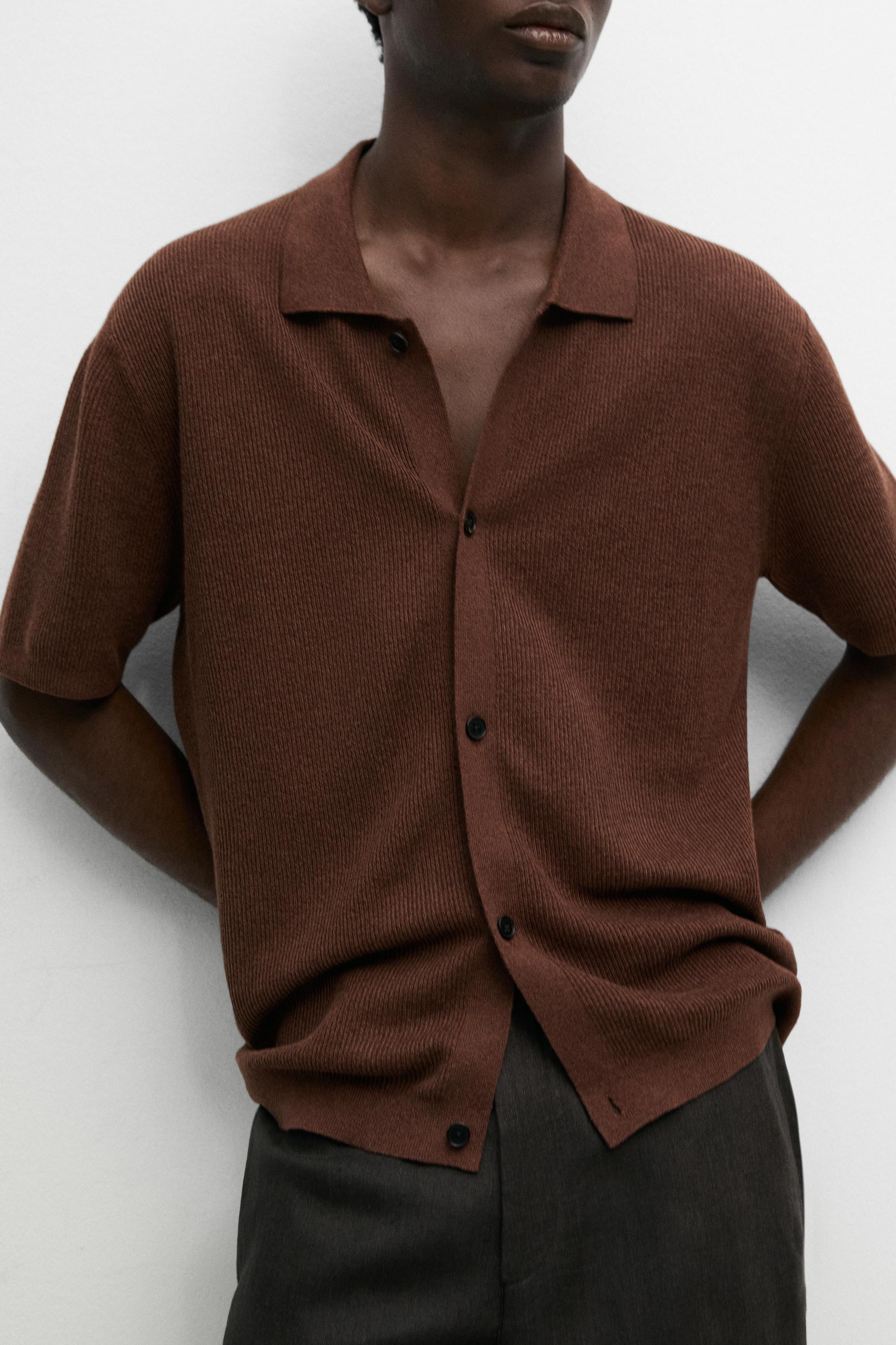 Linen blend knit shirt-collar polo — TERRA COTA