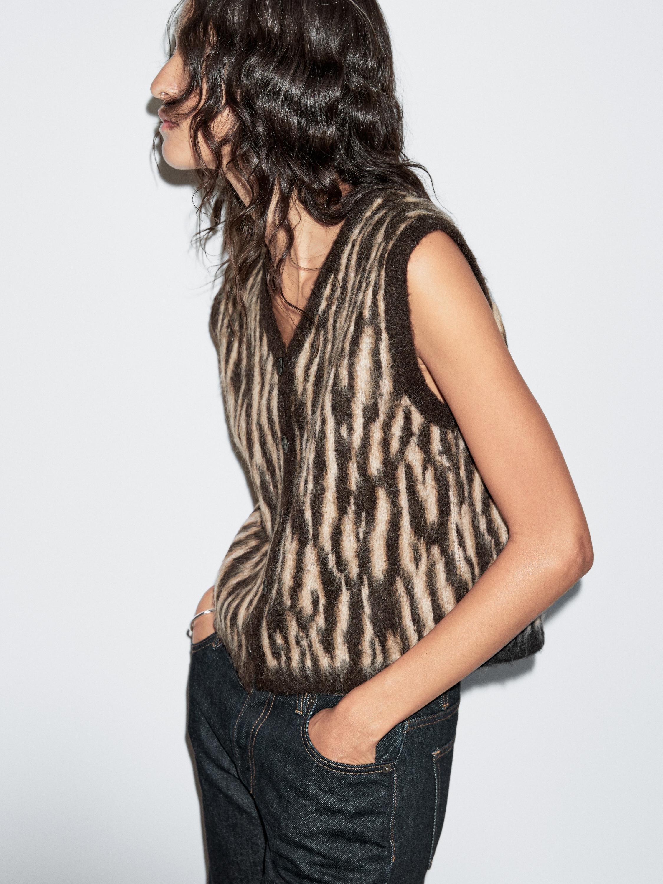 動物斑紋羊毛混紡針織背心