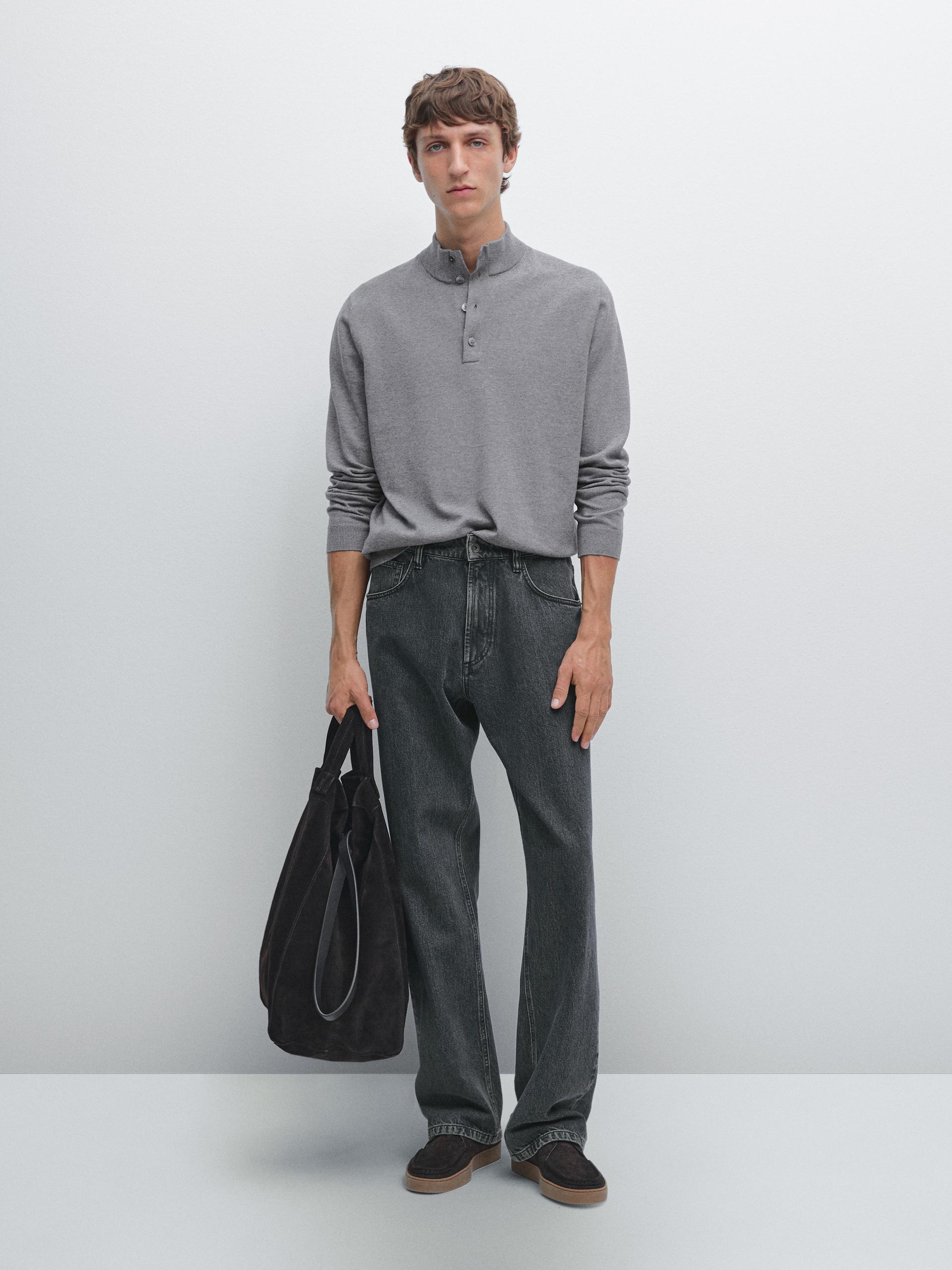 Pull En Maille À Col Camionneur Boutonné - Gris Anthracite - M - Massimo Dutti - Homme