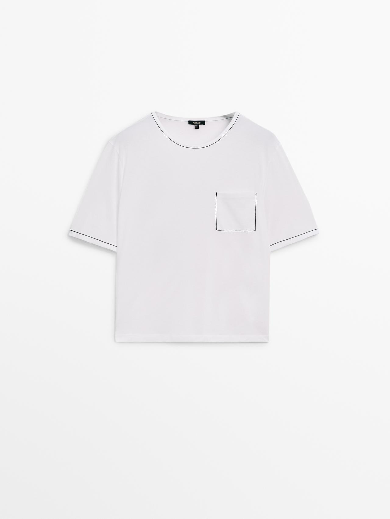 Massimo Dutti - Dame - Kortærmet T-Shirt I Bomuld Med Kontrast - Hvid - S
