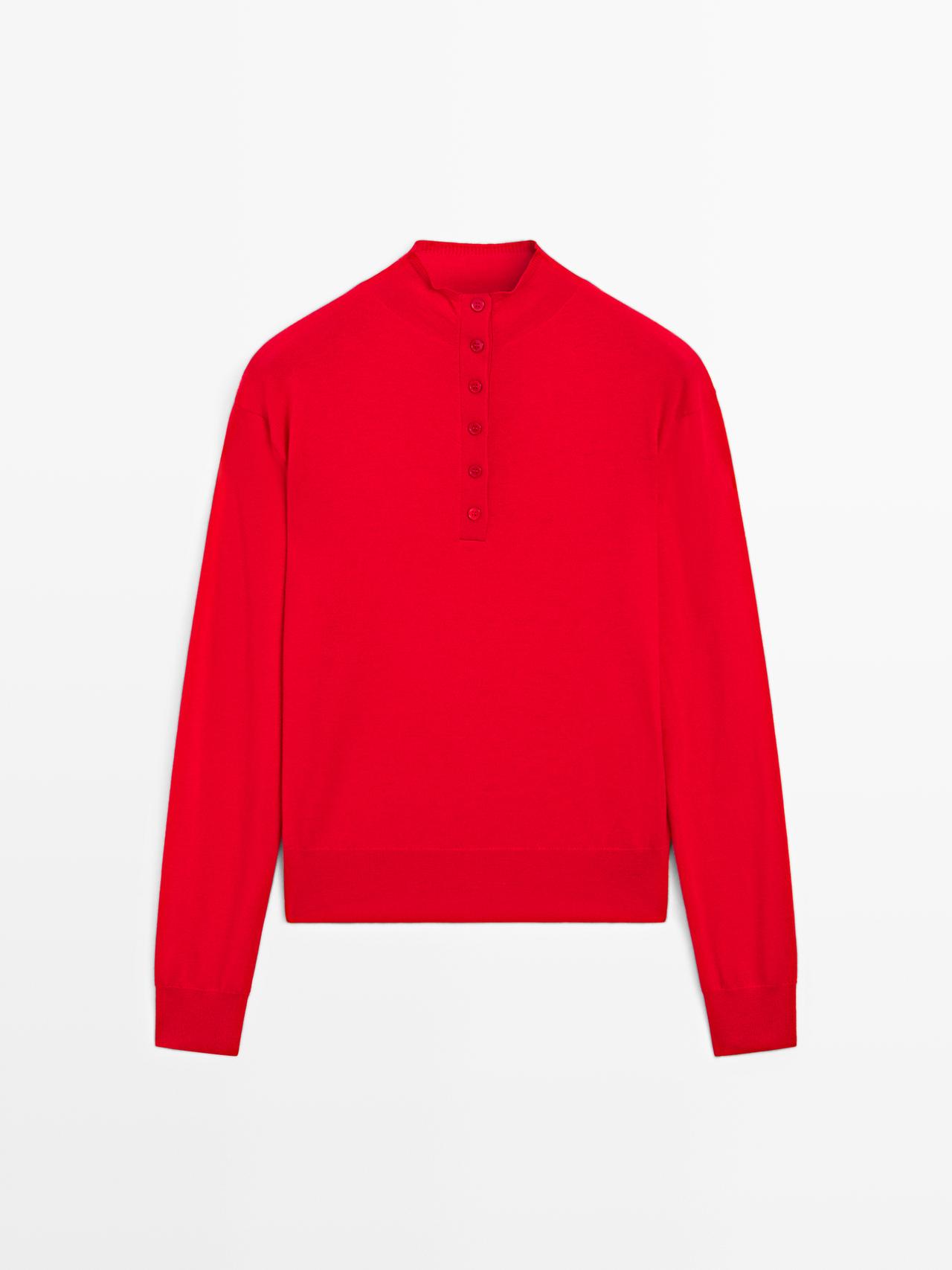 Massimo Dutti - Dame - Strikket Trøje Med Høj Hals Og Knapper - Rød - L