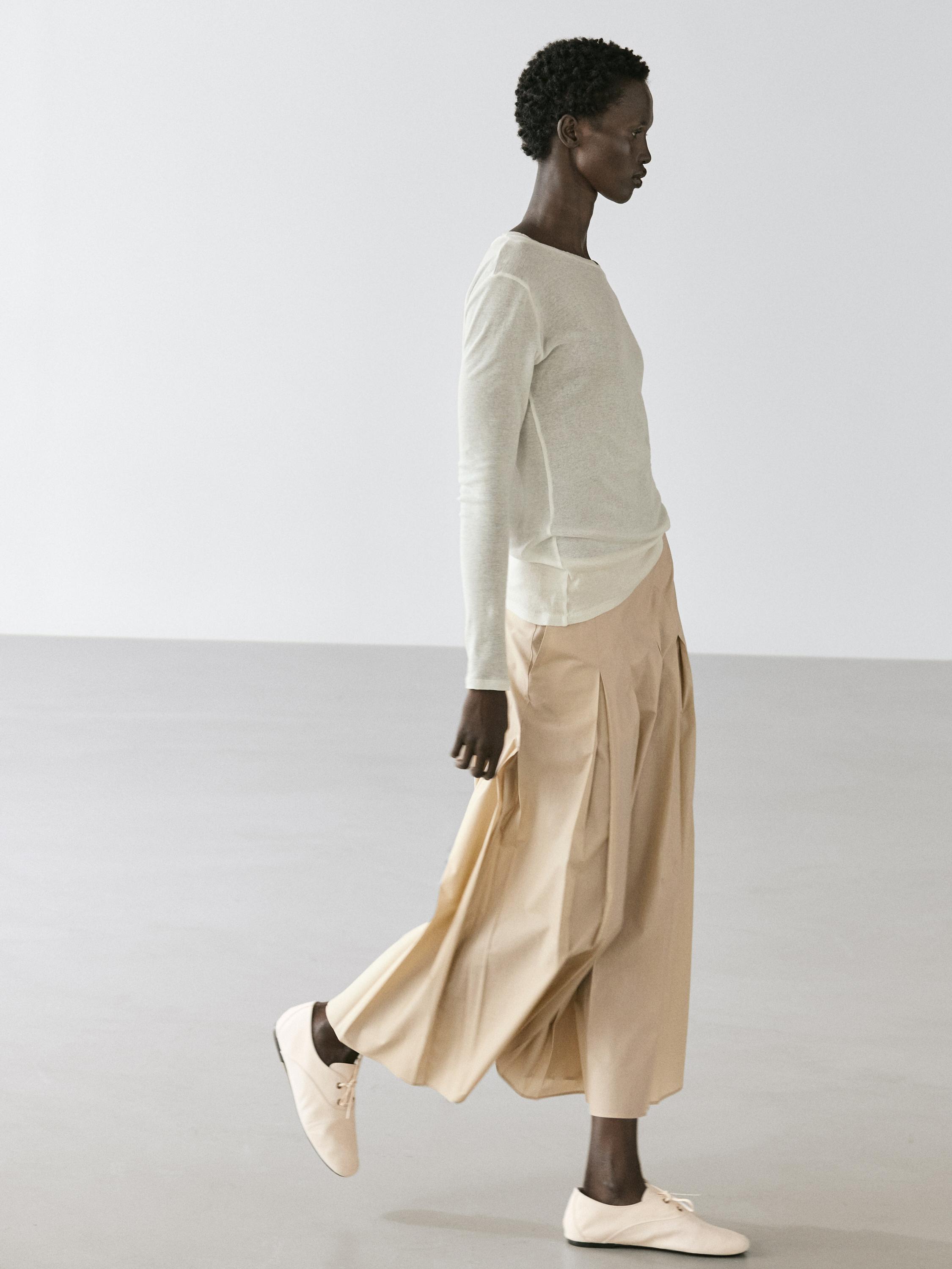 Cotton box pleat midi skirt — SAND