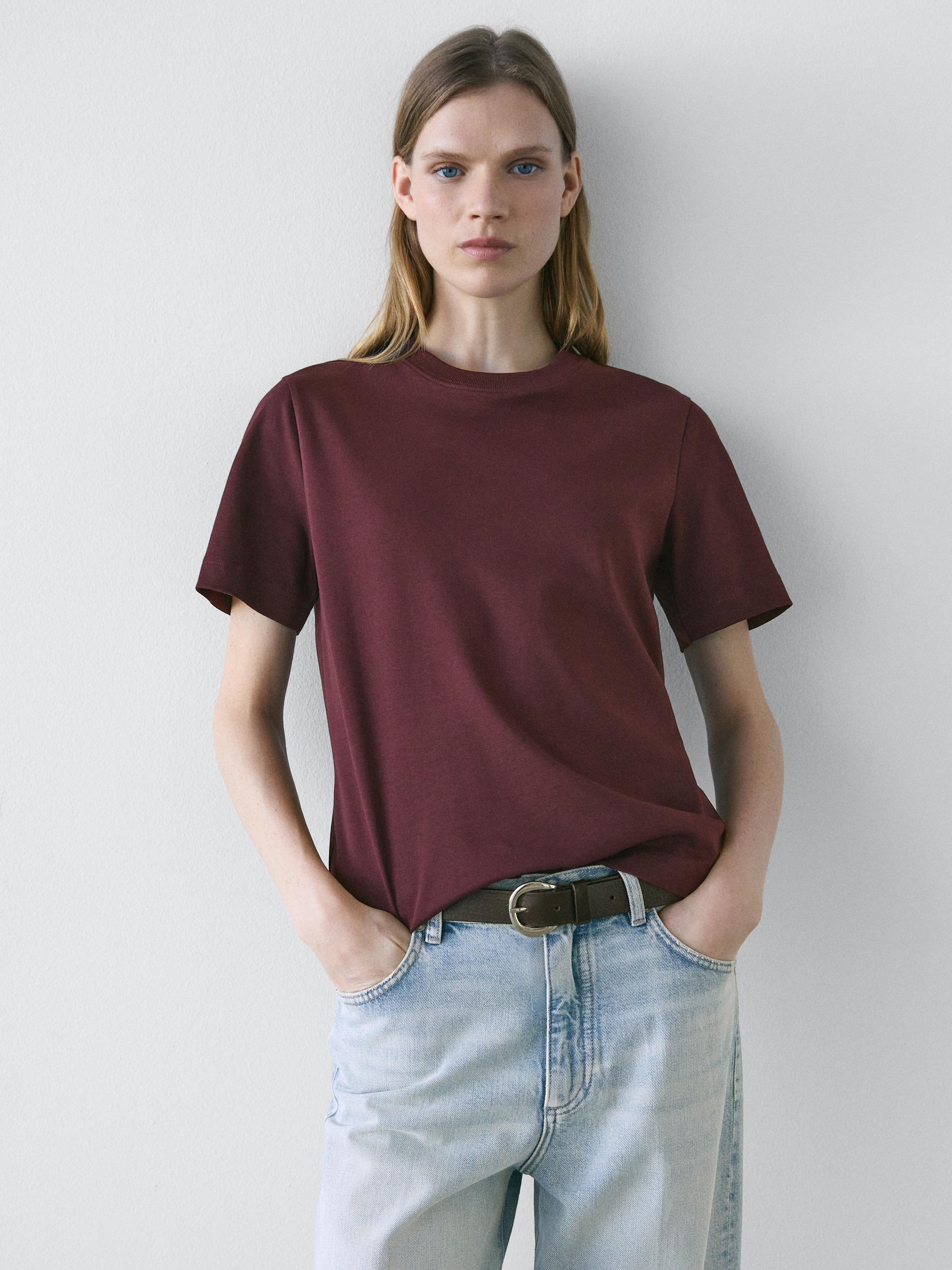 100% cotton interlock crew neck T-shirt — BURGUNDY