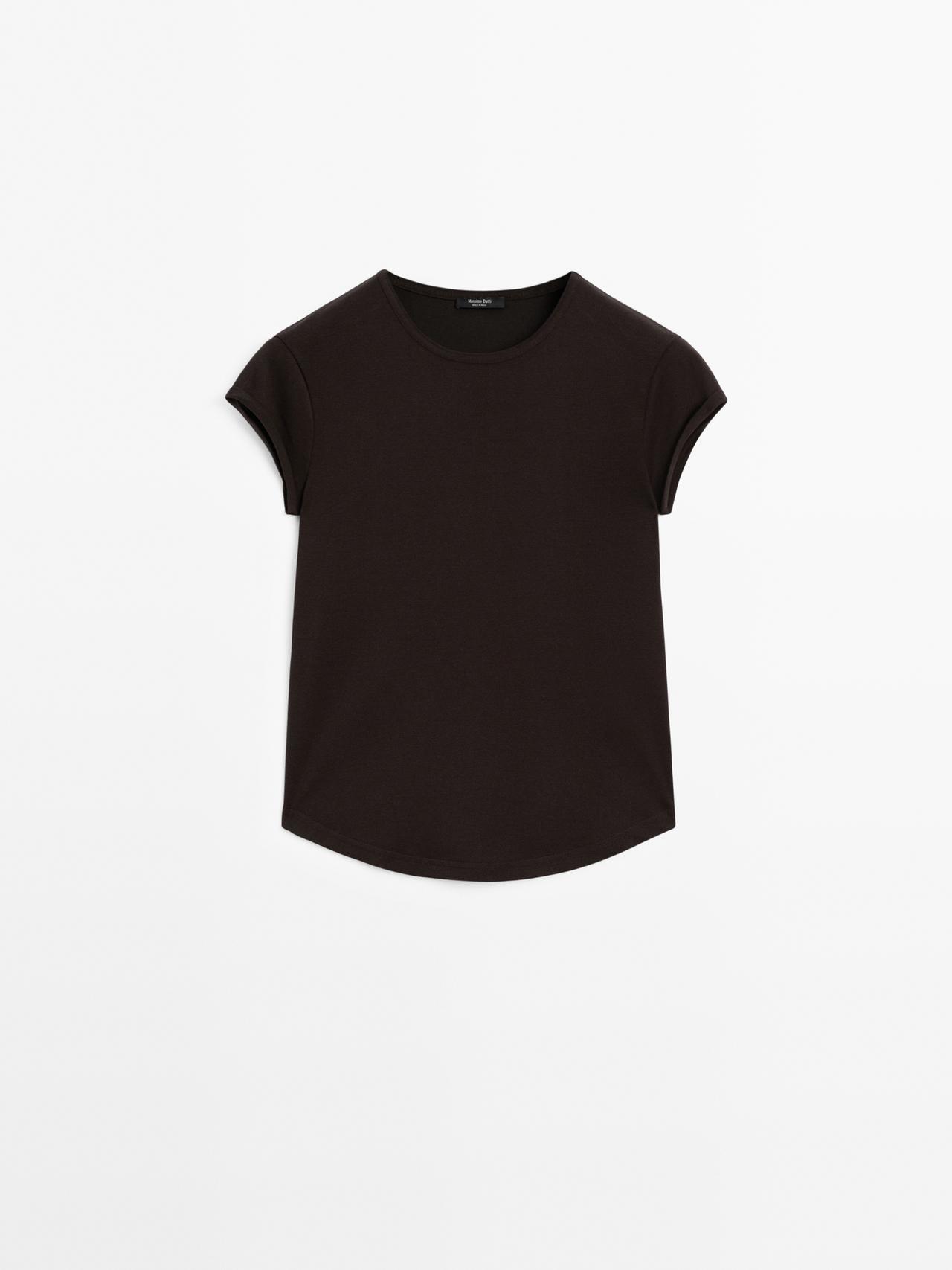 Massimo Dutti - Dame - T-Shirt I 100 % Bomuld Med Afrundet Kant Forneden - Brun - Xs