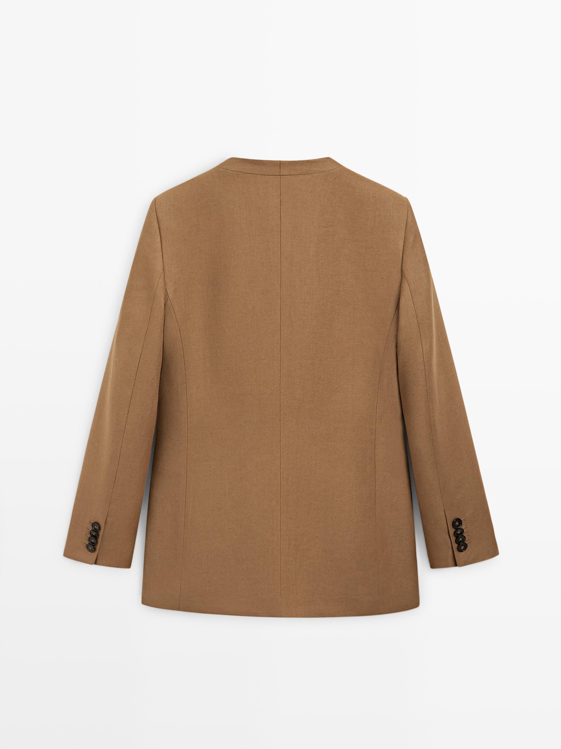 100% linen lapelless double-breasted blazer — CAMEL