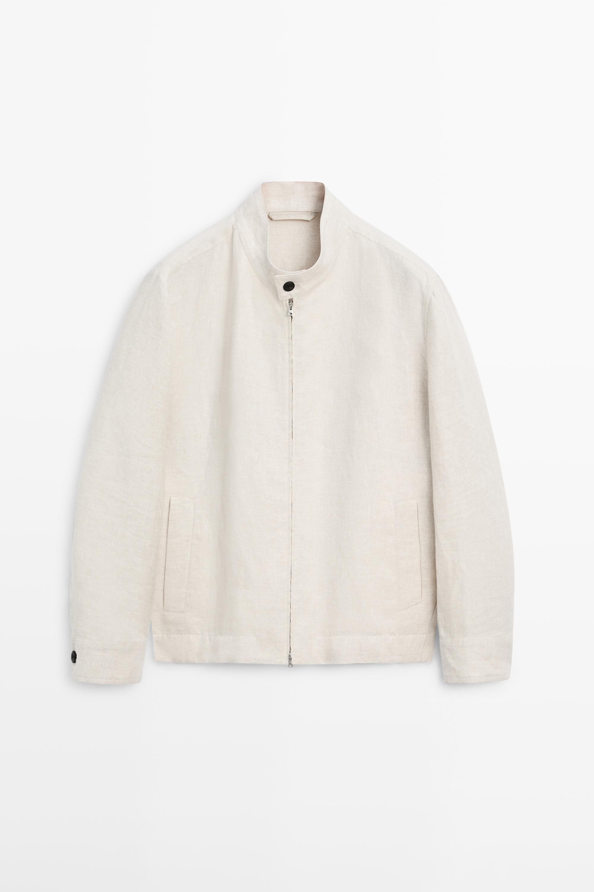 Short linen jacket with herringbone detail — BEIGE
