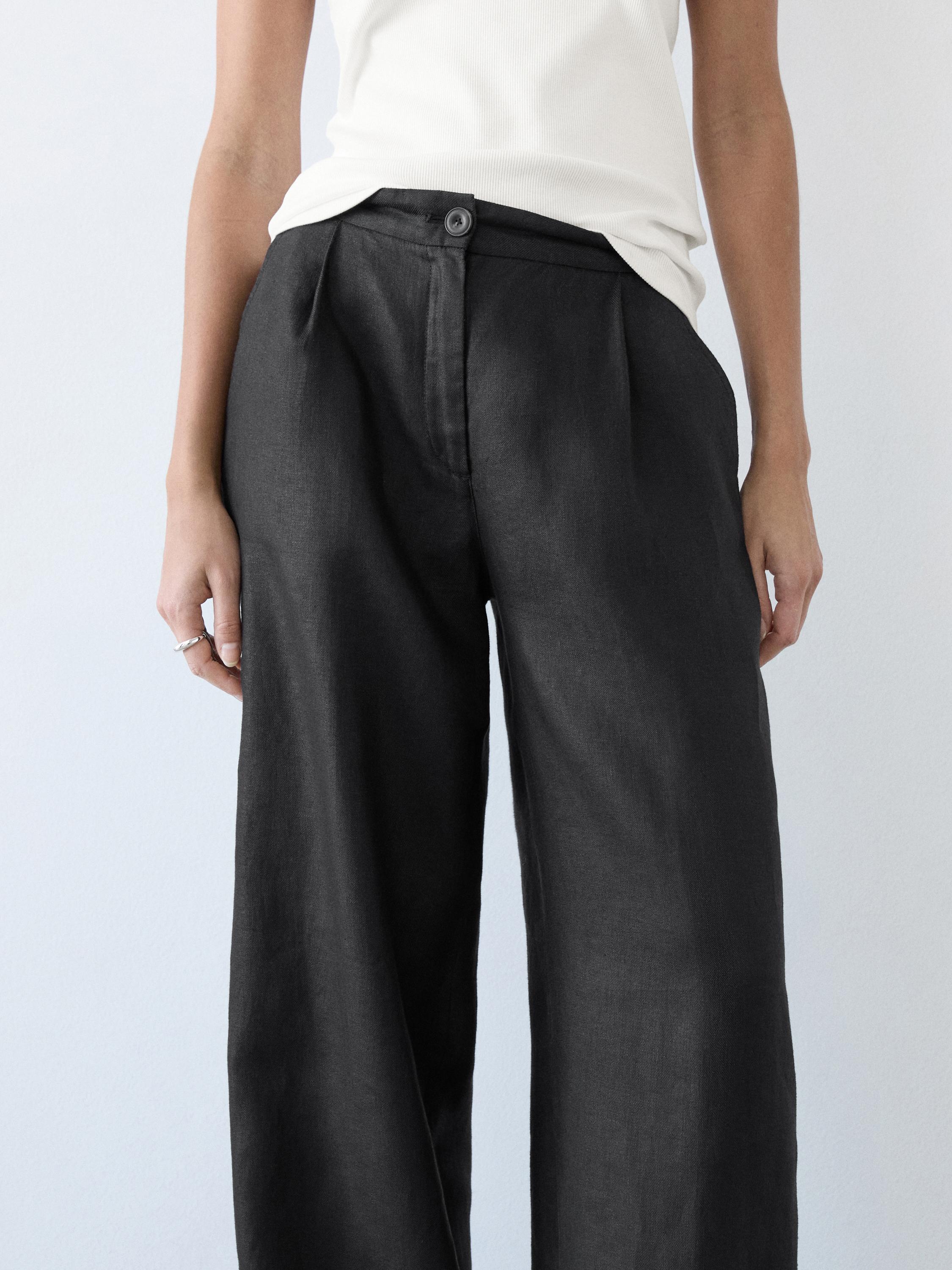 100% linen wide-leg elasticated trousers — BLACK