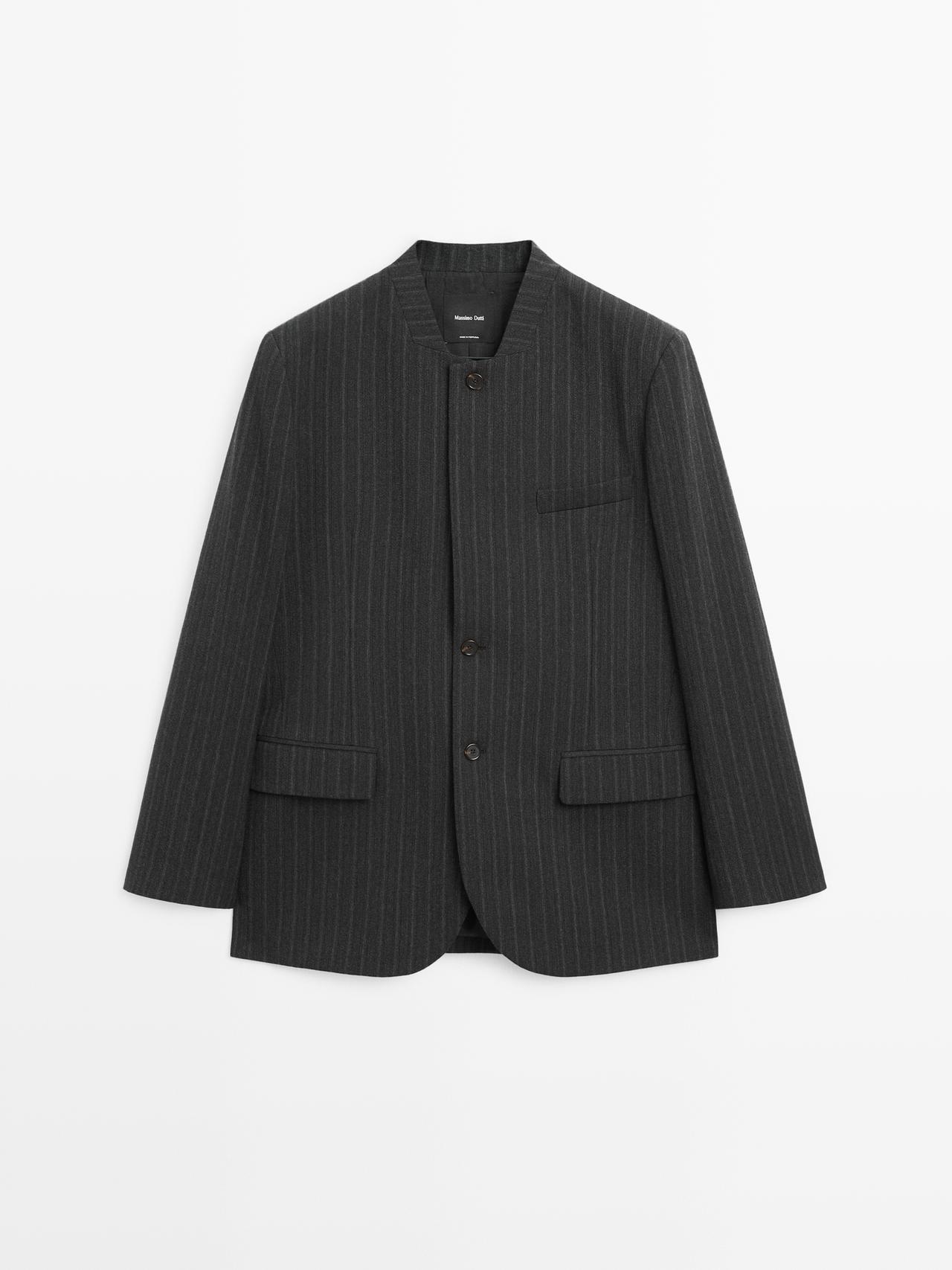 Massimo Dutti - Dame - Stribet Blazer I 100 % Uld Med Kravedetalje - Mørk Grå - 34