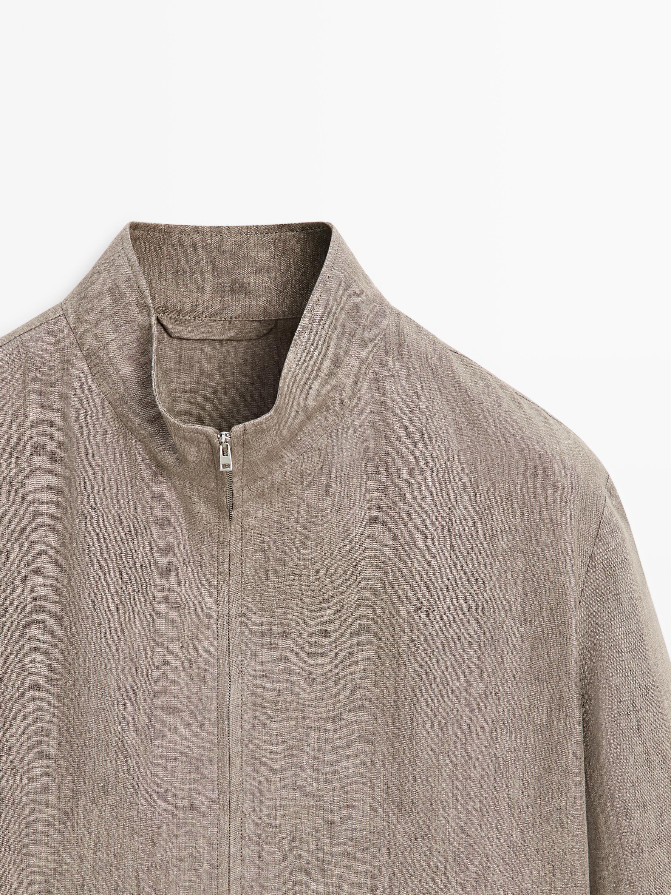 Faded total look linen bomber jacket — BROWN