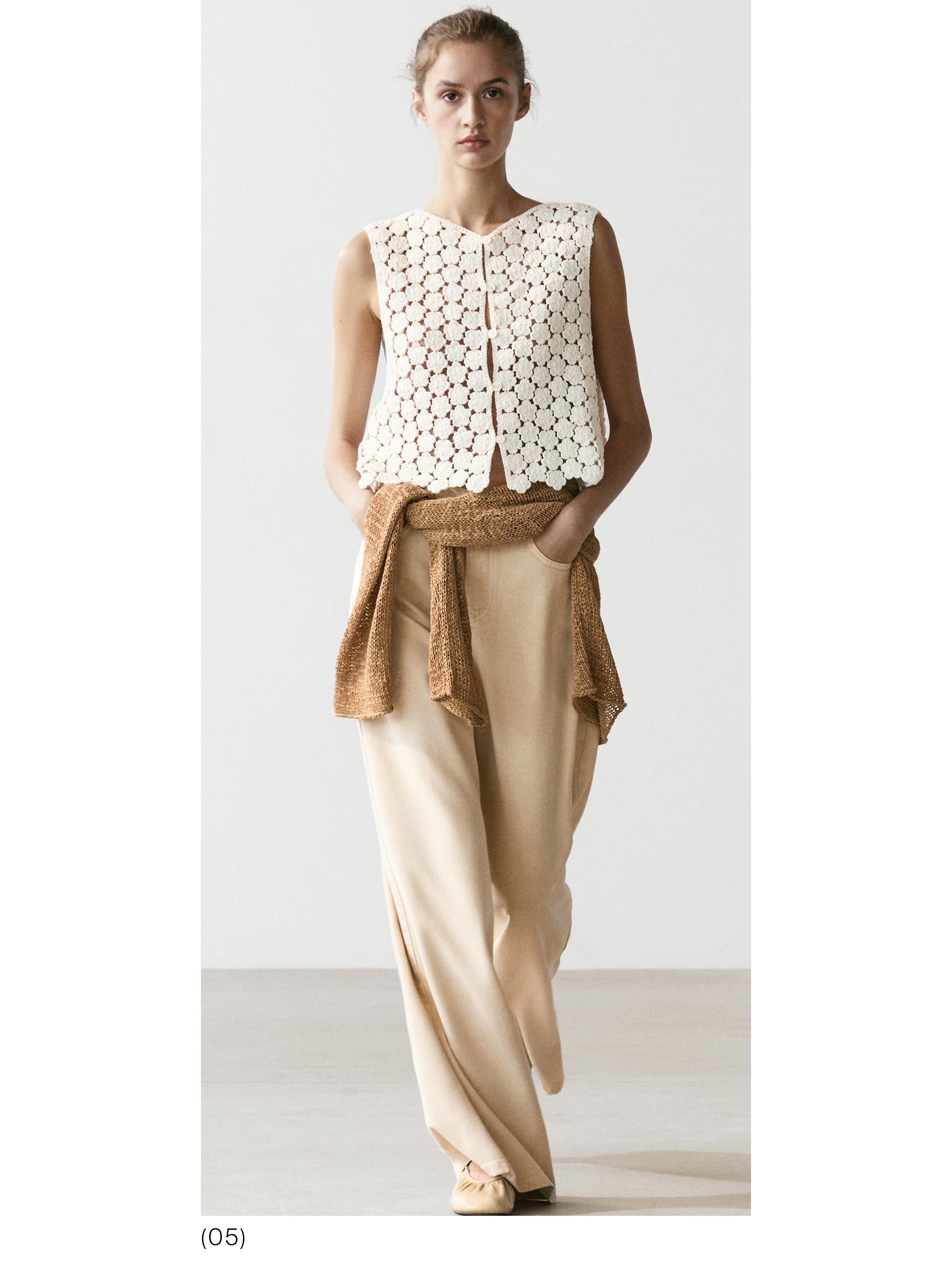 Cotton crochet vest with floral details — CREAM
