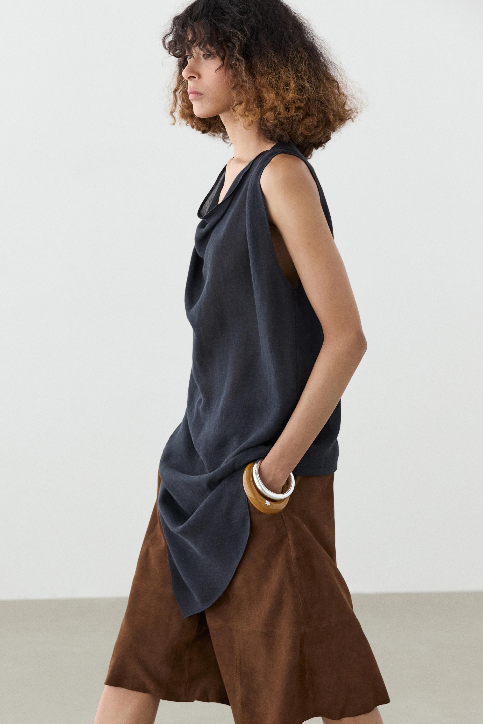 Asymmetric linen blend top — DARK BLUE