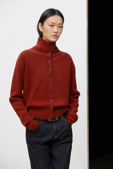 Ribbed knit cardigan with tab detail — DARK PINK 5