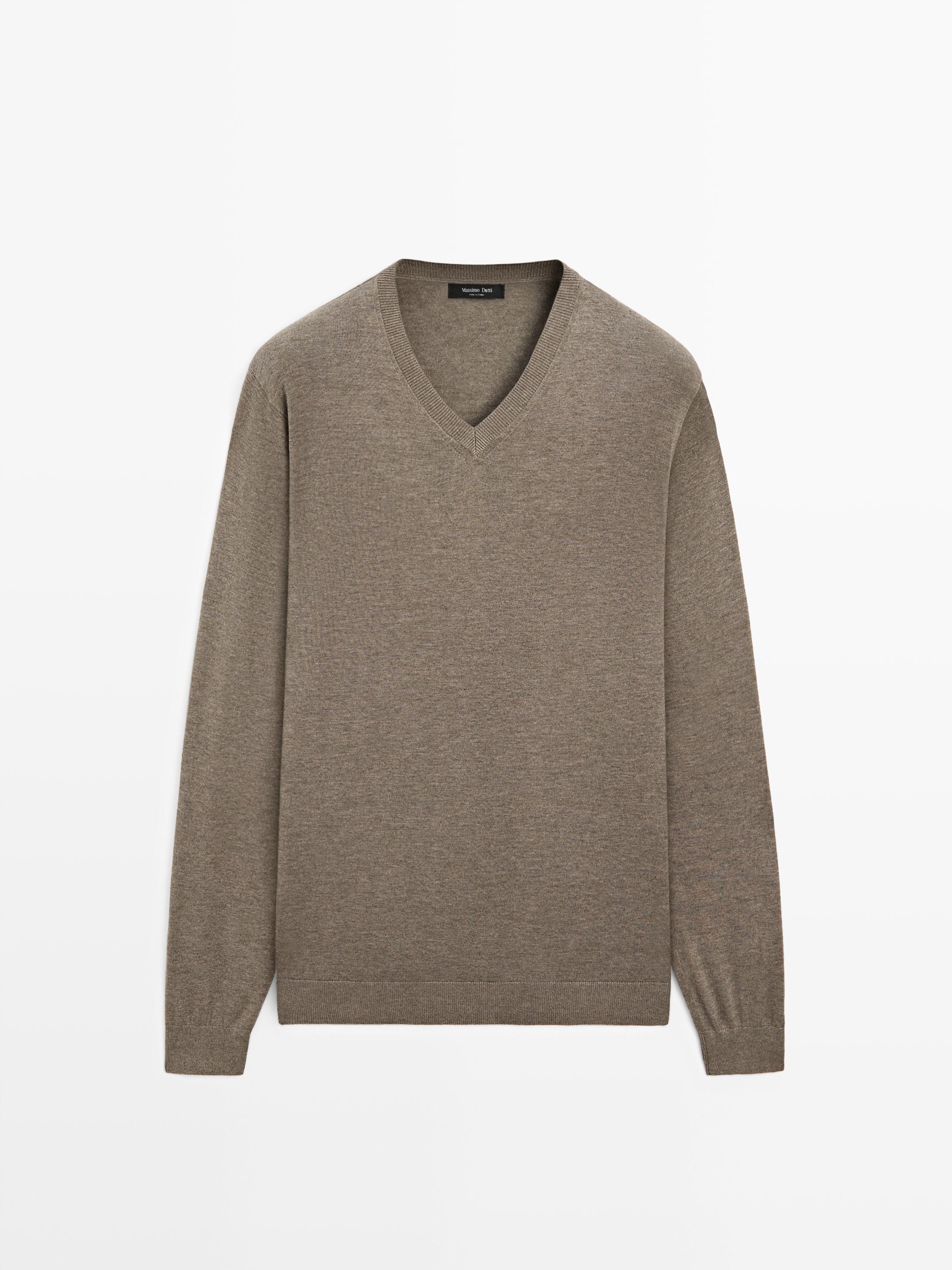 Cotton blend V-neck knit sweater — KHAKI