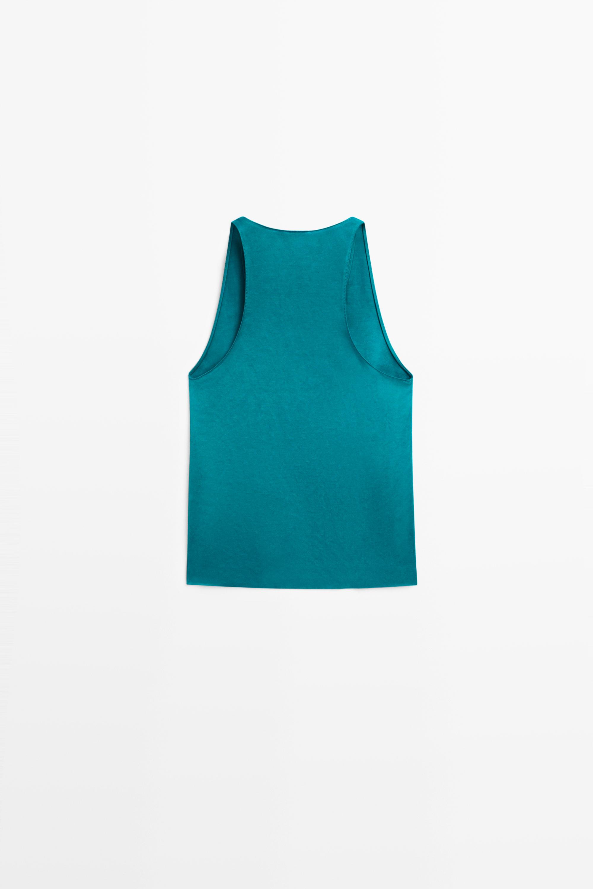 Satin linen blend V-neck top — TURQUOISE