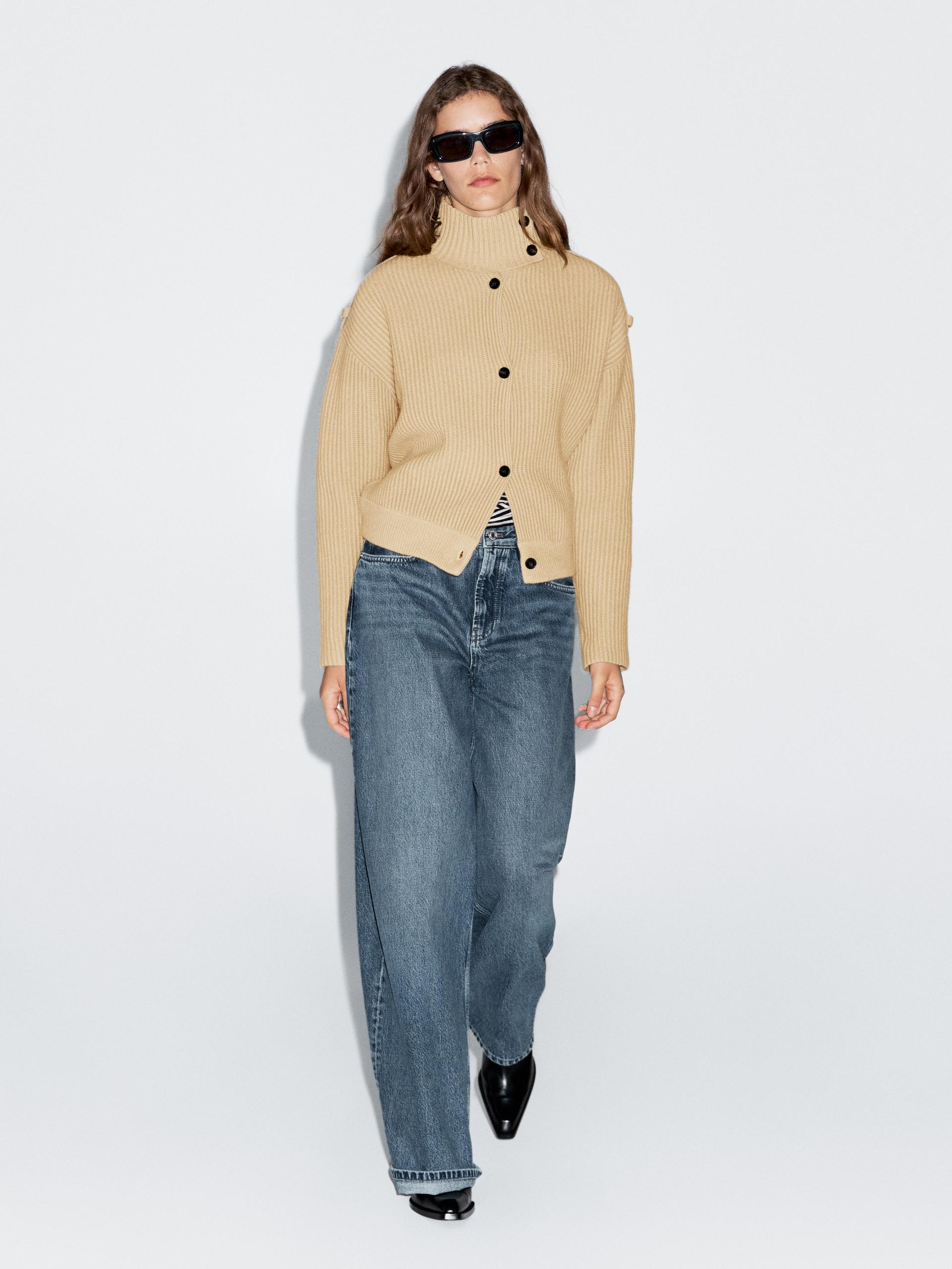 100% Wool Turtleneck Cardigan - Olive - S - Massimo Dutti - Femme