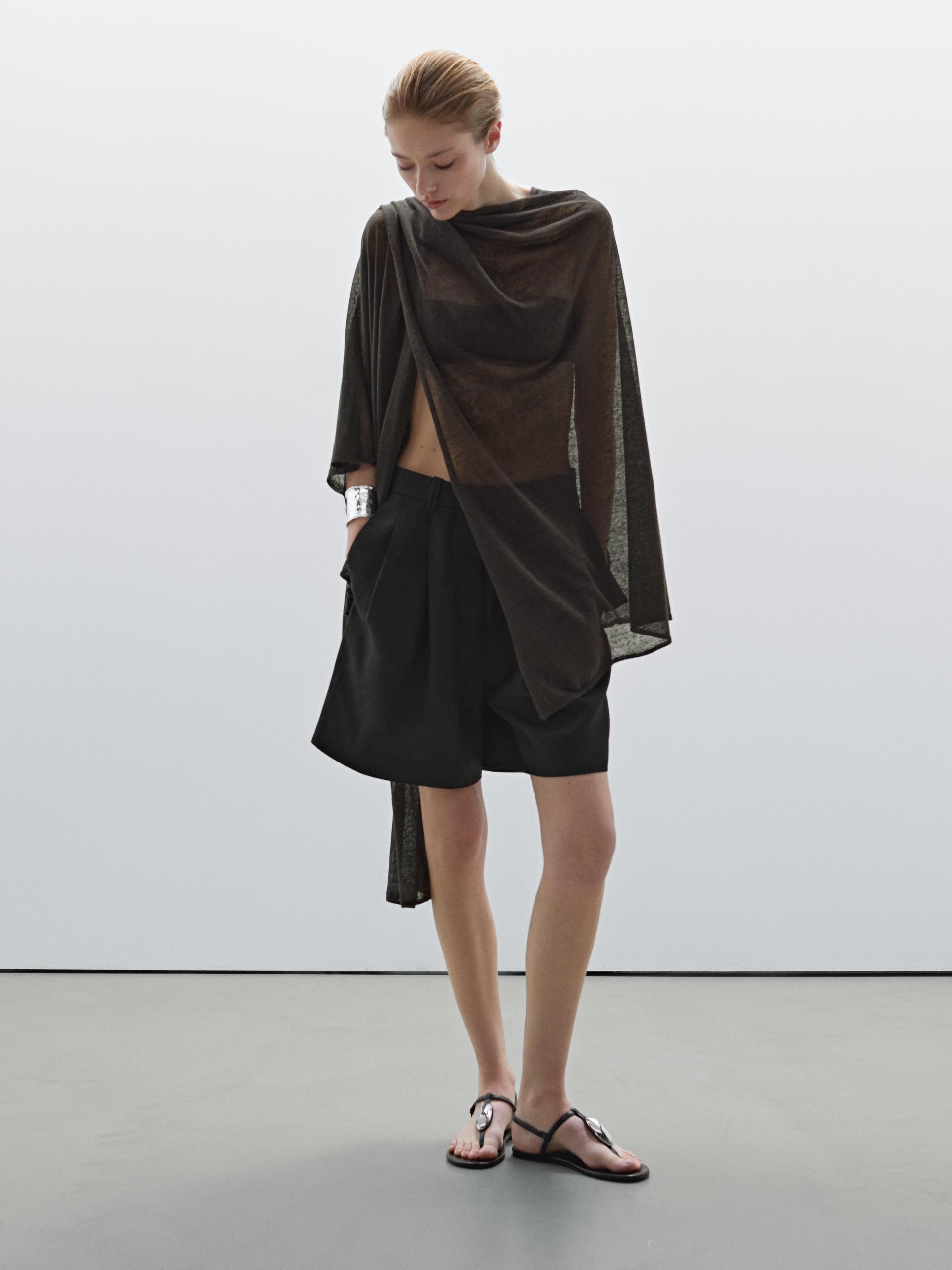 Luźna Peleryna Z Mieszanki Lnu - Brązowy - M - Massimo Dutti - Kobieta