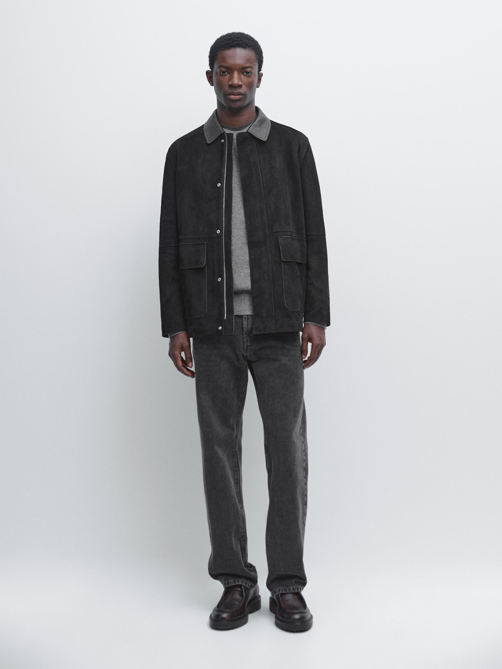 Giacca Con Tasche In Pelle Scamosciata - Nero - L - Massimo Dutti - Maschile