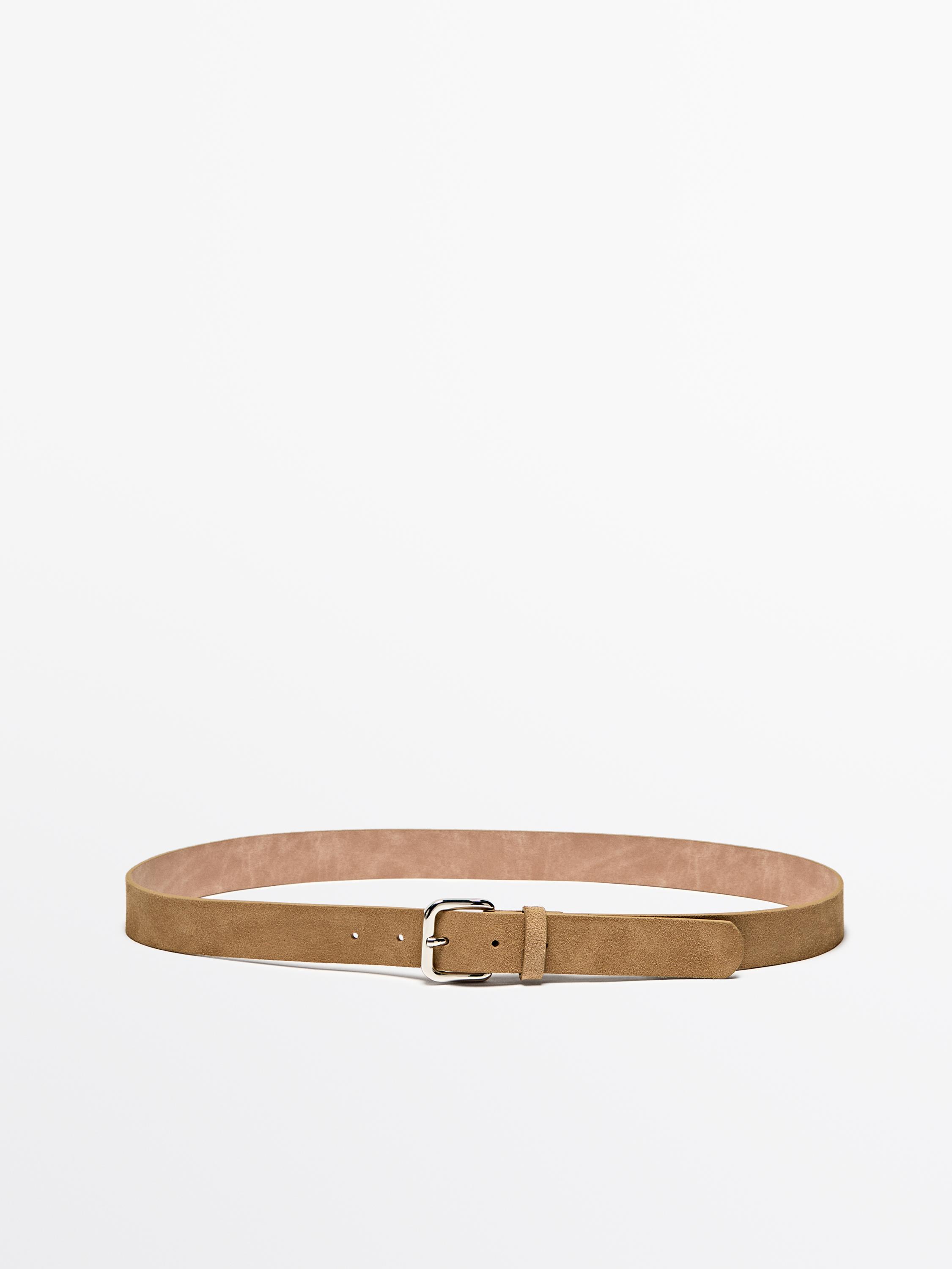 Ceinture avec boucle carree en croute de cuir Beige Accessoires Massimo Dutti