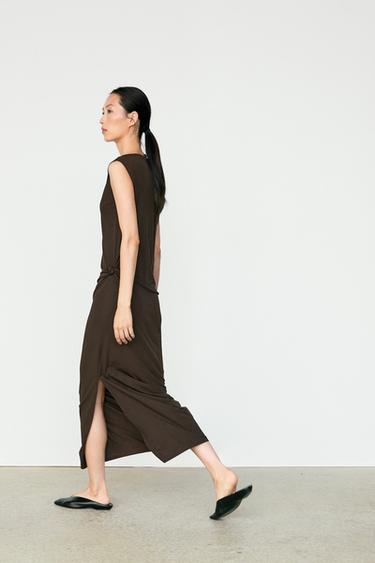 Asymmetric ruched midi dress — BROWN 5