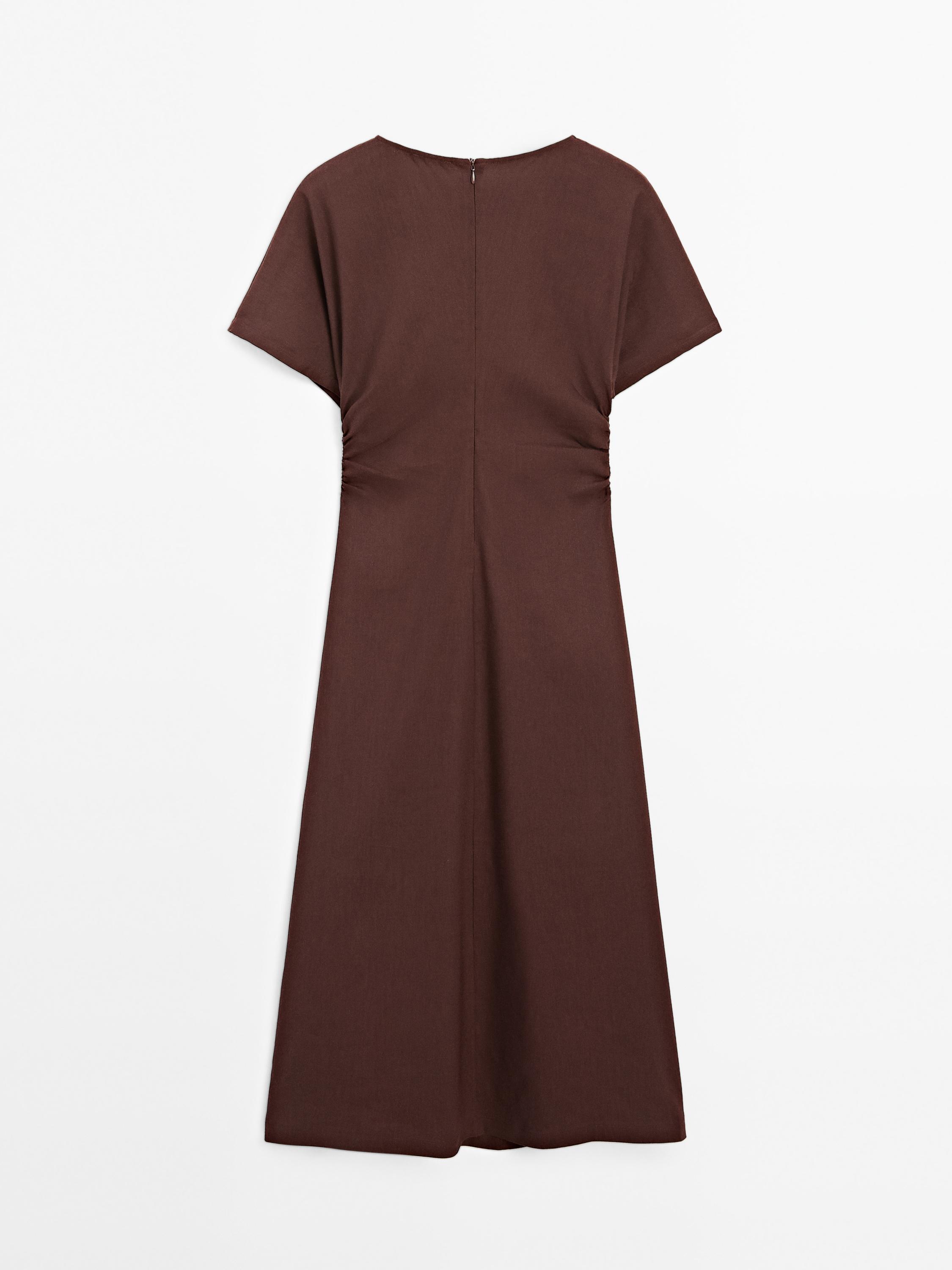 Gathered linen blend midi dress
