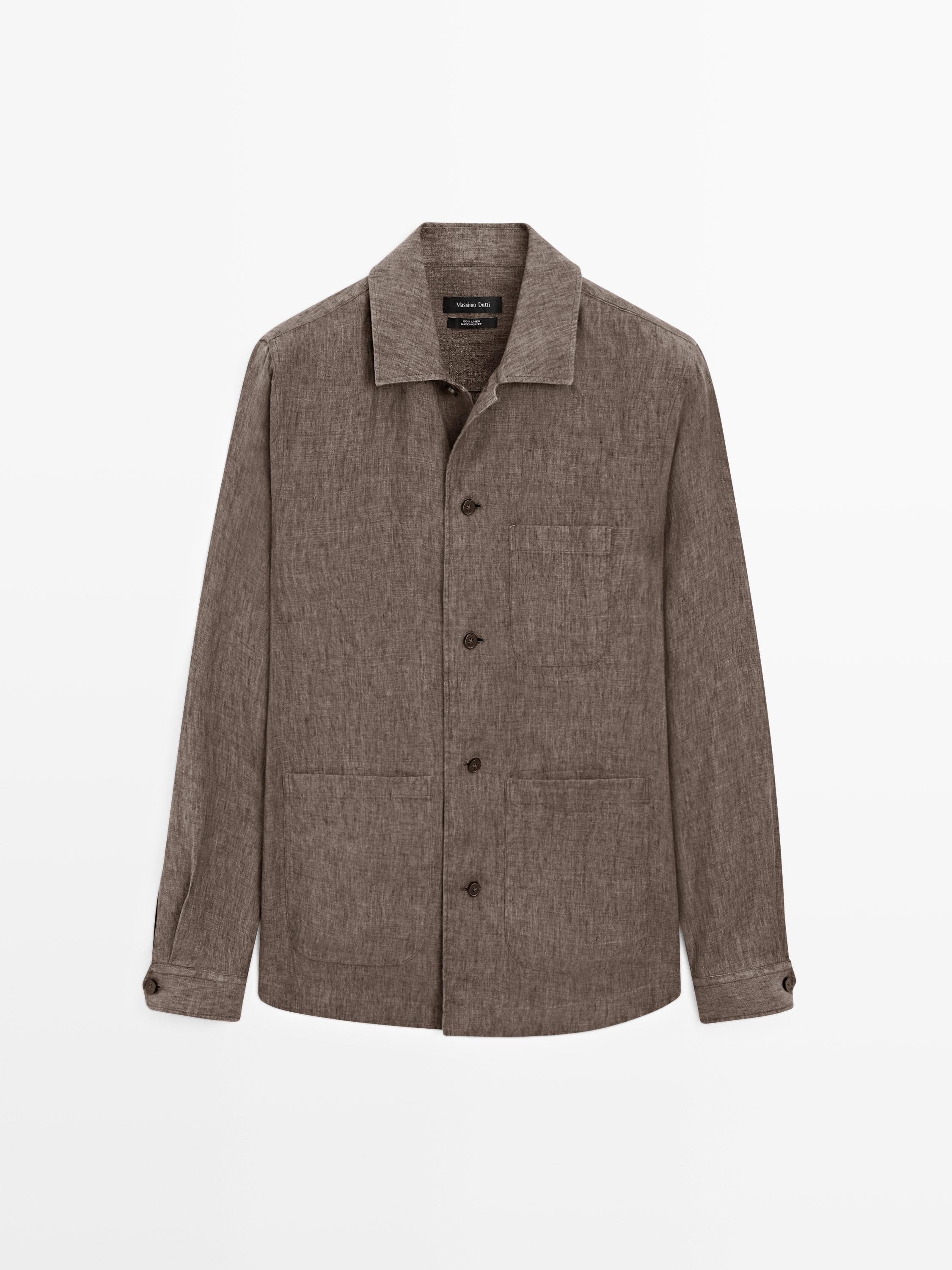 Faded linen overshirt with pocket details — BROWN