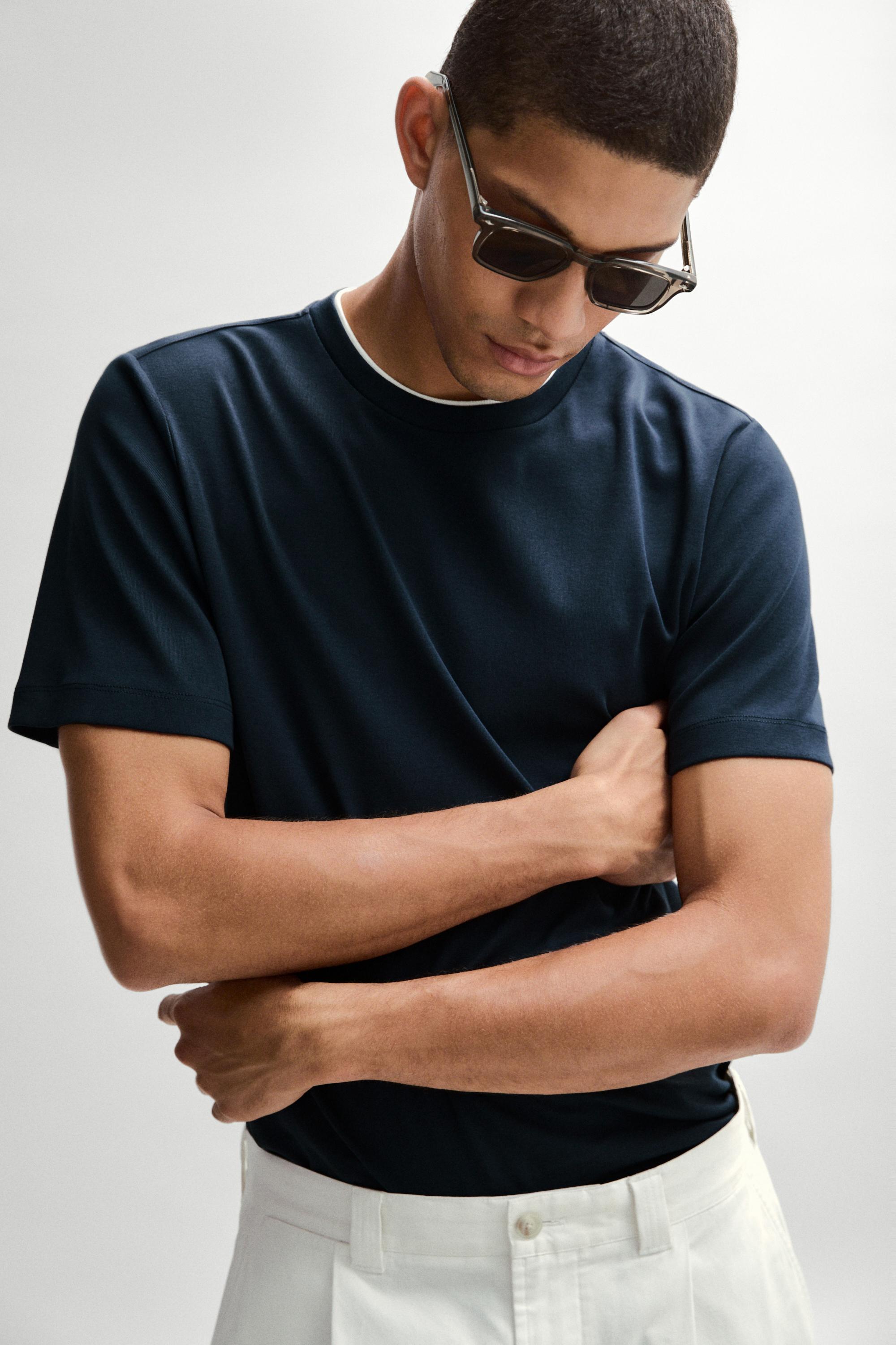 100% cotton layered collar T-shirt — NAVY BLUE