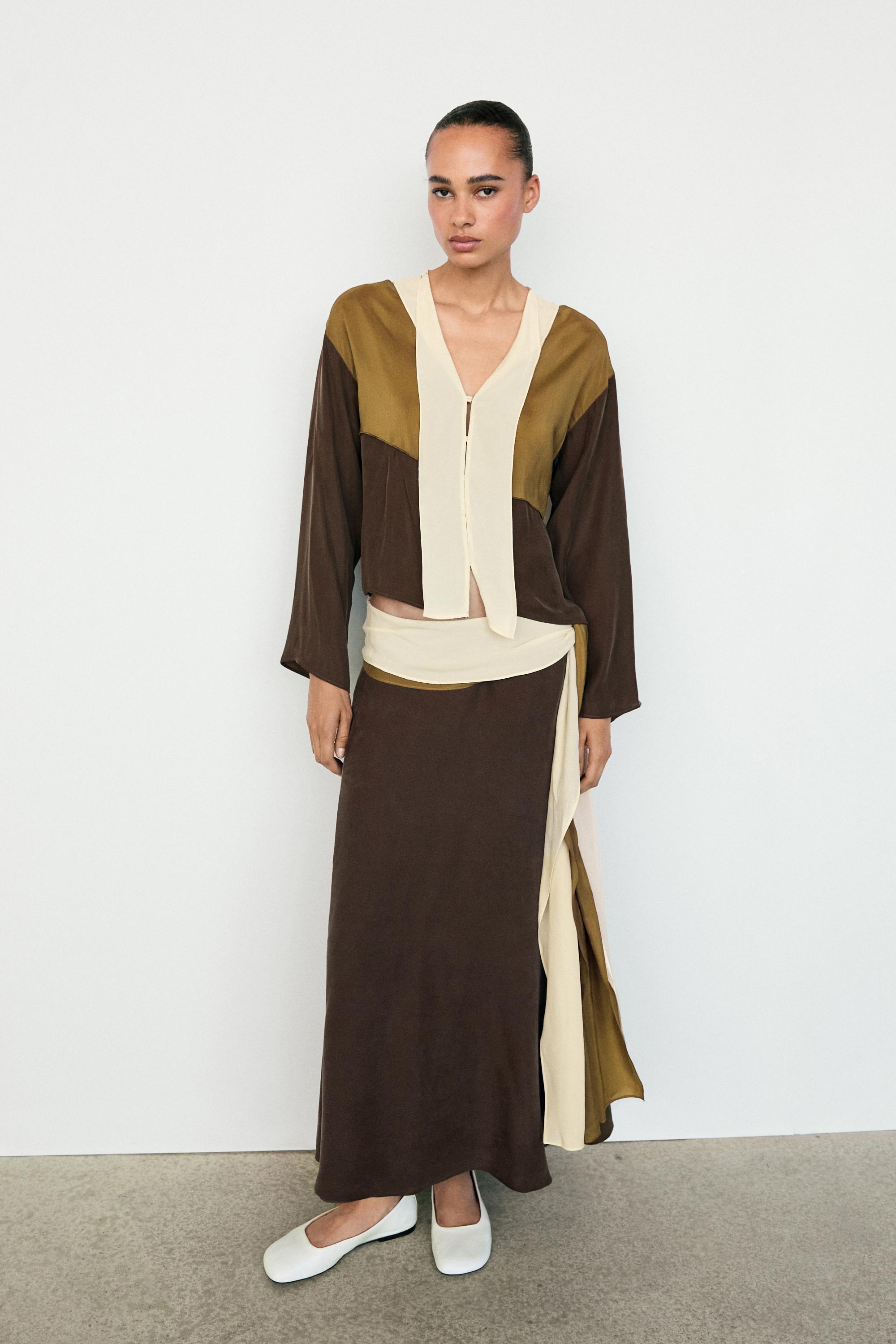 Contrast Ruffle Midi Skirt — BROWN