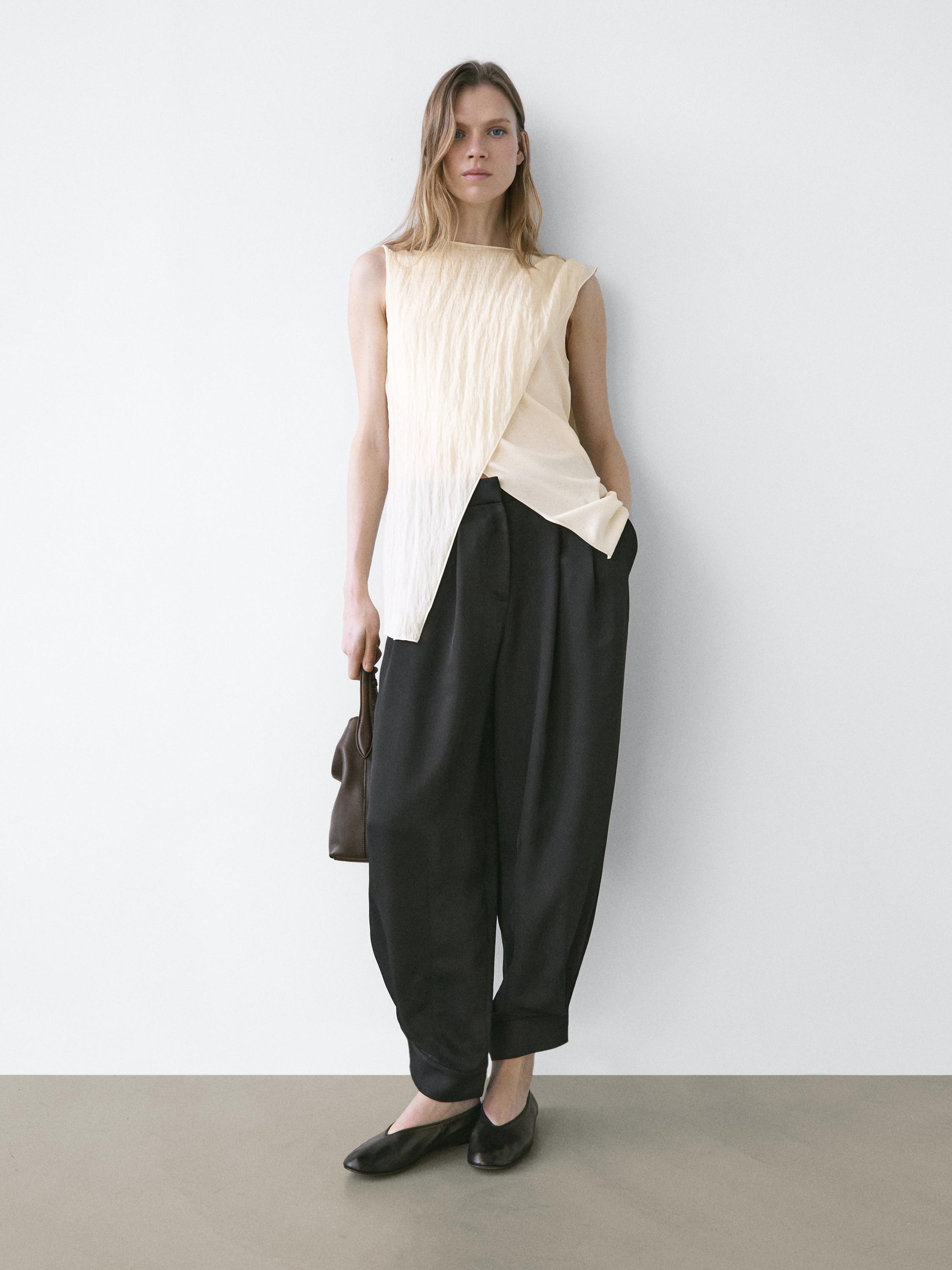 Crossover top with shoulder scarf detail — CREAM
