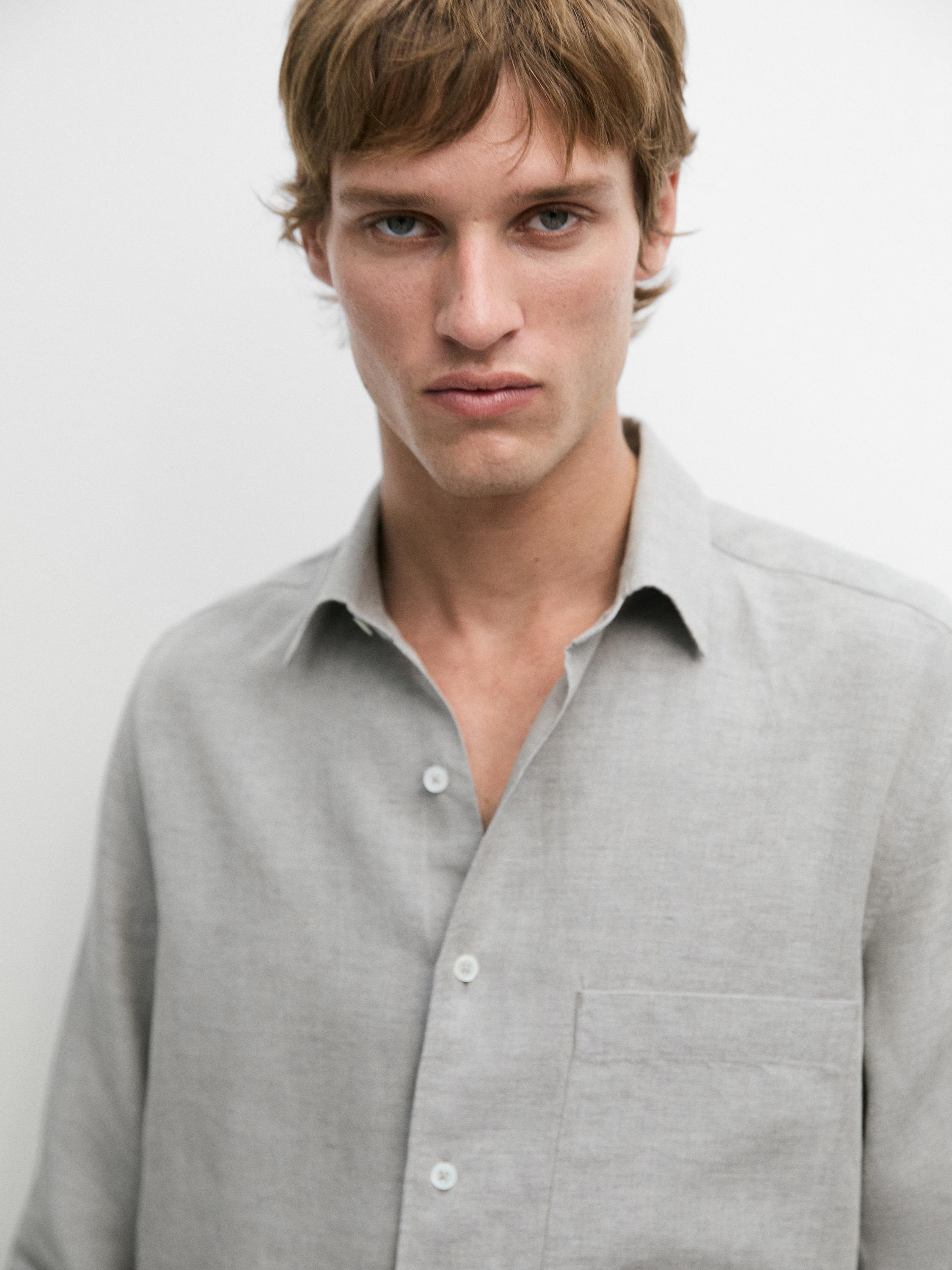 100% linen regular fit shirt with pocket — GREY