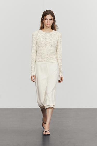Long sleeve lace detail T-shirt — CREAM 1