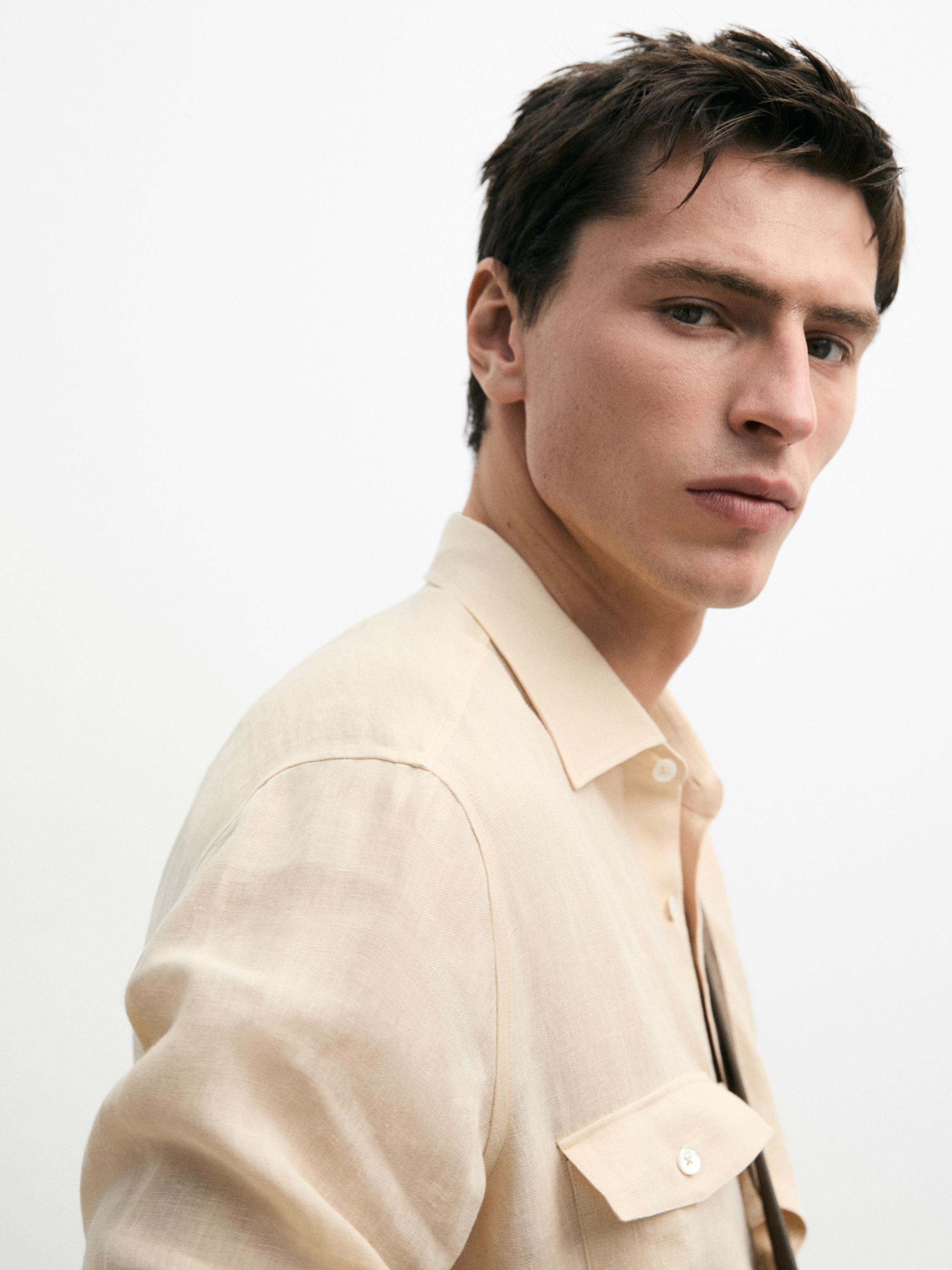 Regular fit 100% linen shirt with pockets — YELLOW
